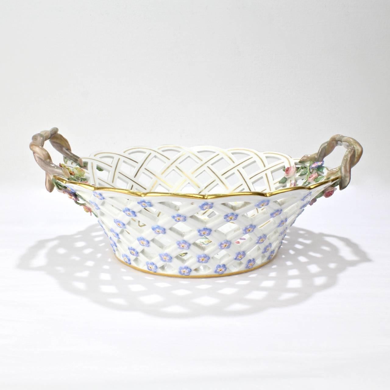 Rococo Antique 19th Century Meissen Porcelain Reticulated Fruit Basket with Flowers