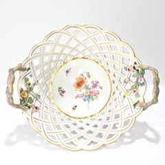 Antique 19th Century Meissen Porcelain Reticulated Fruit Basket with Flowers