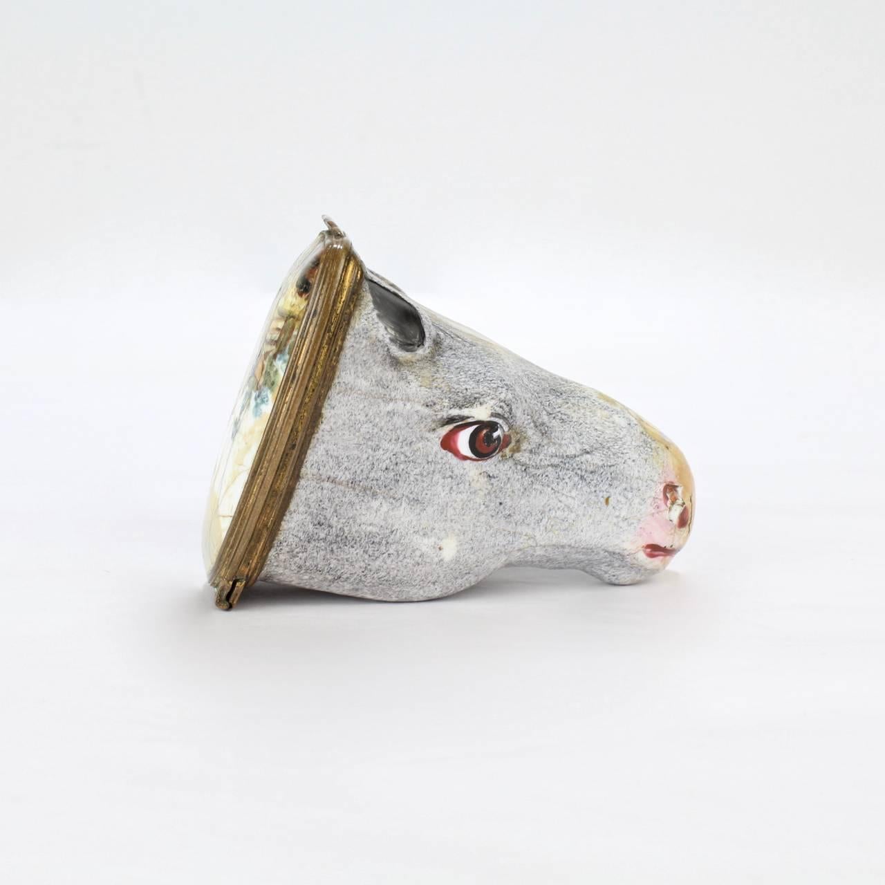 18th Century and Earlier Antique English Figural Horse Head Battersea Staffordshire Enamel Bonbonniere For Sale