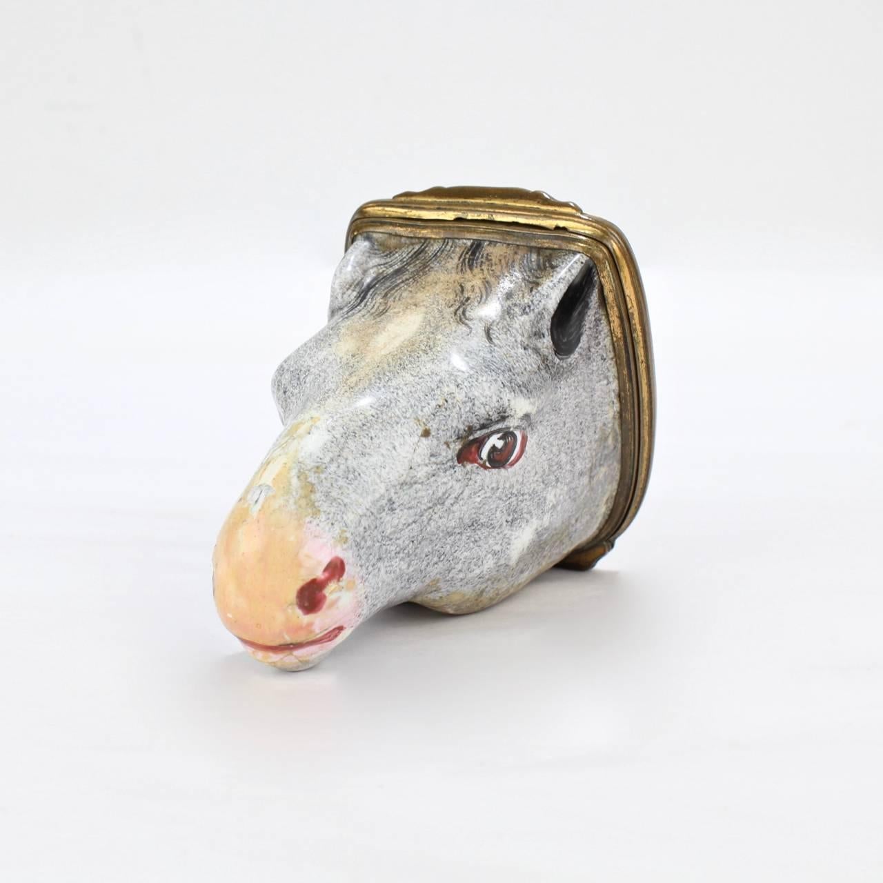 Copper Antique English Figural Horse Head Battersea Staffordshire Enamel Bonbonniere For Sale