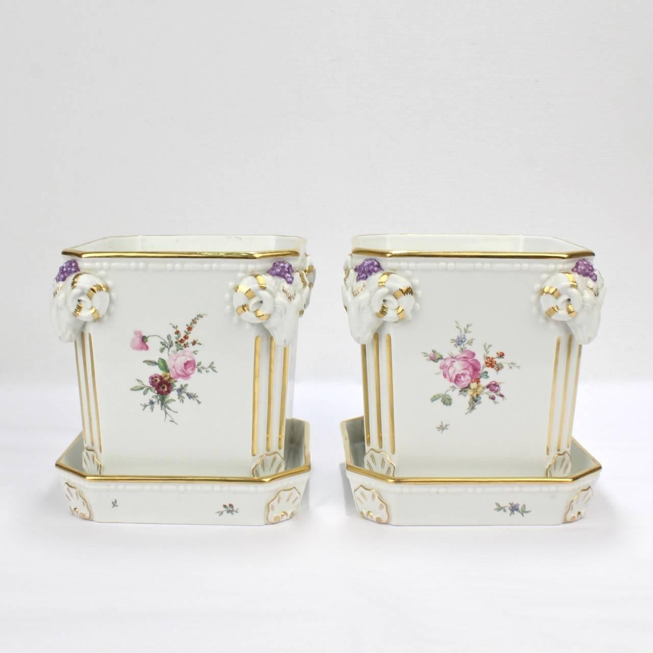 Danish Pair Royal Copenhagen Porcelain Cachepots w Flower Garland 'Du Barry' Monograms