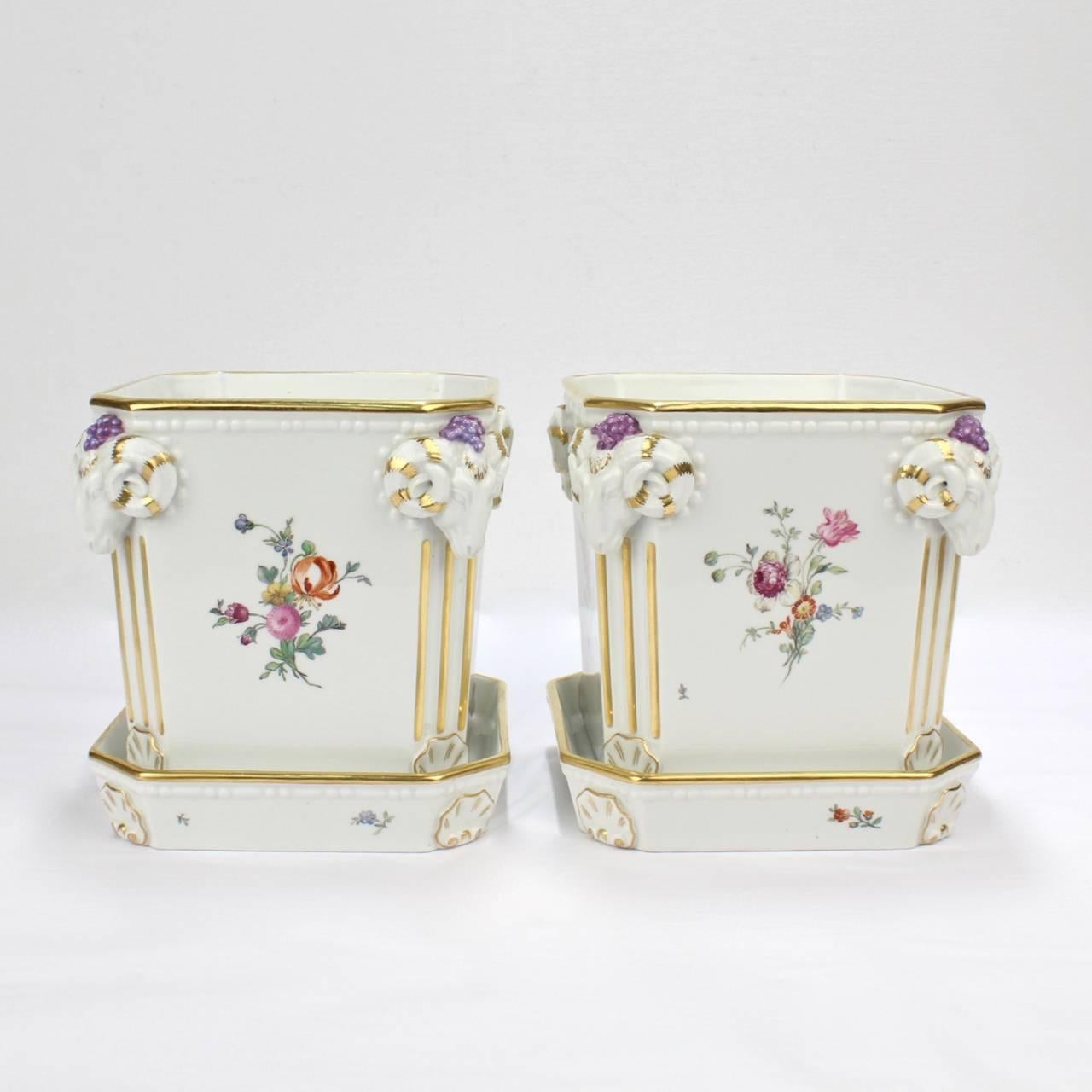 Hand-Painted Pair Royal Copenhagen Porcelain Cachepots w Flower Garland 'Du Barry' Monograms