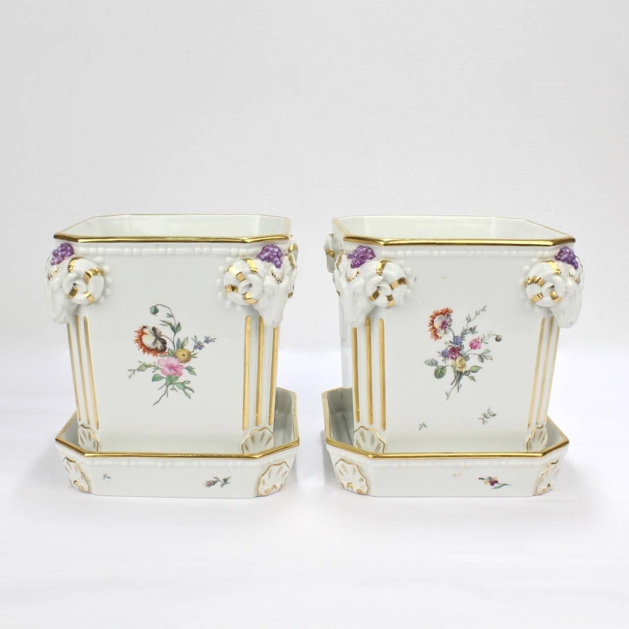 Neoclassical Pair Royal Copenhagen Porcelain Cachepots w Flower Garland 'Du Barry' Monograms