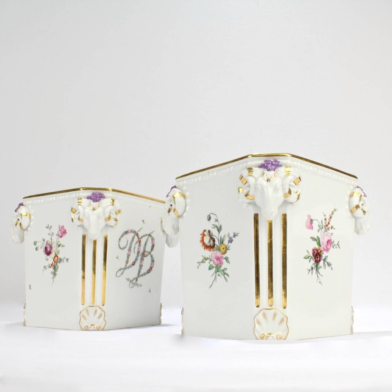 20th Century Pair Royal Copenhagen Porcelain Cachepots w Flower Garland 'Du Barry' Monograms