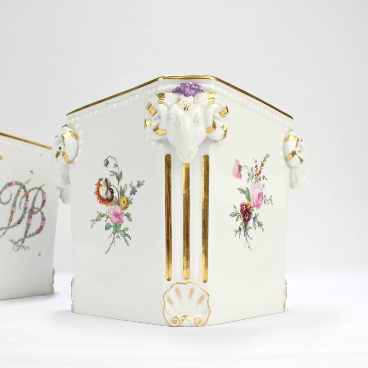 Pair Royal Copenhagen Porcelain Cachepots w Flower Garland 'Du Barry' Monograms 1