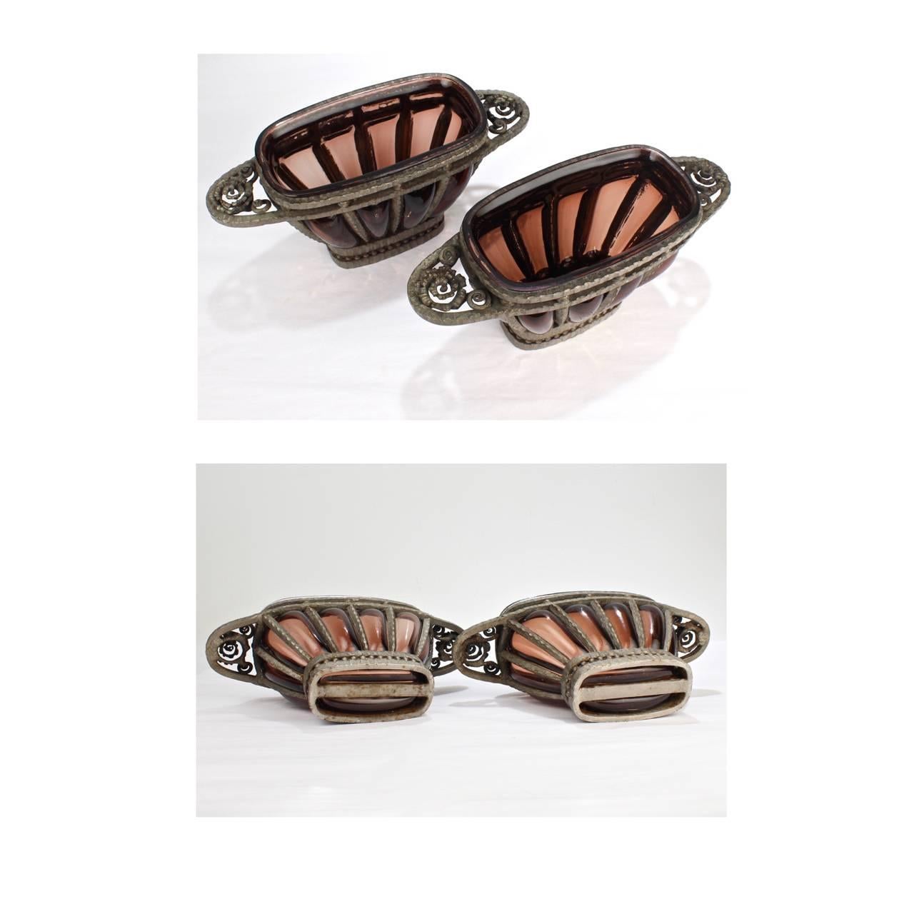 Pair of French Art Deco Wrought Iron and Glass Cachepots by Muller Freres, 1930s For Sale 3
