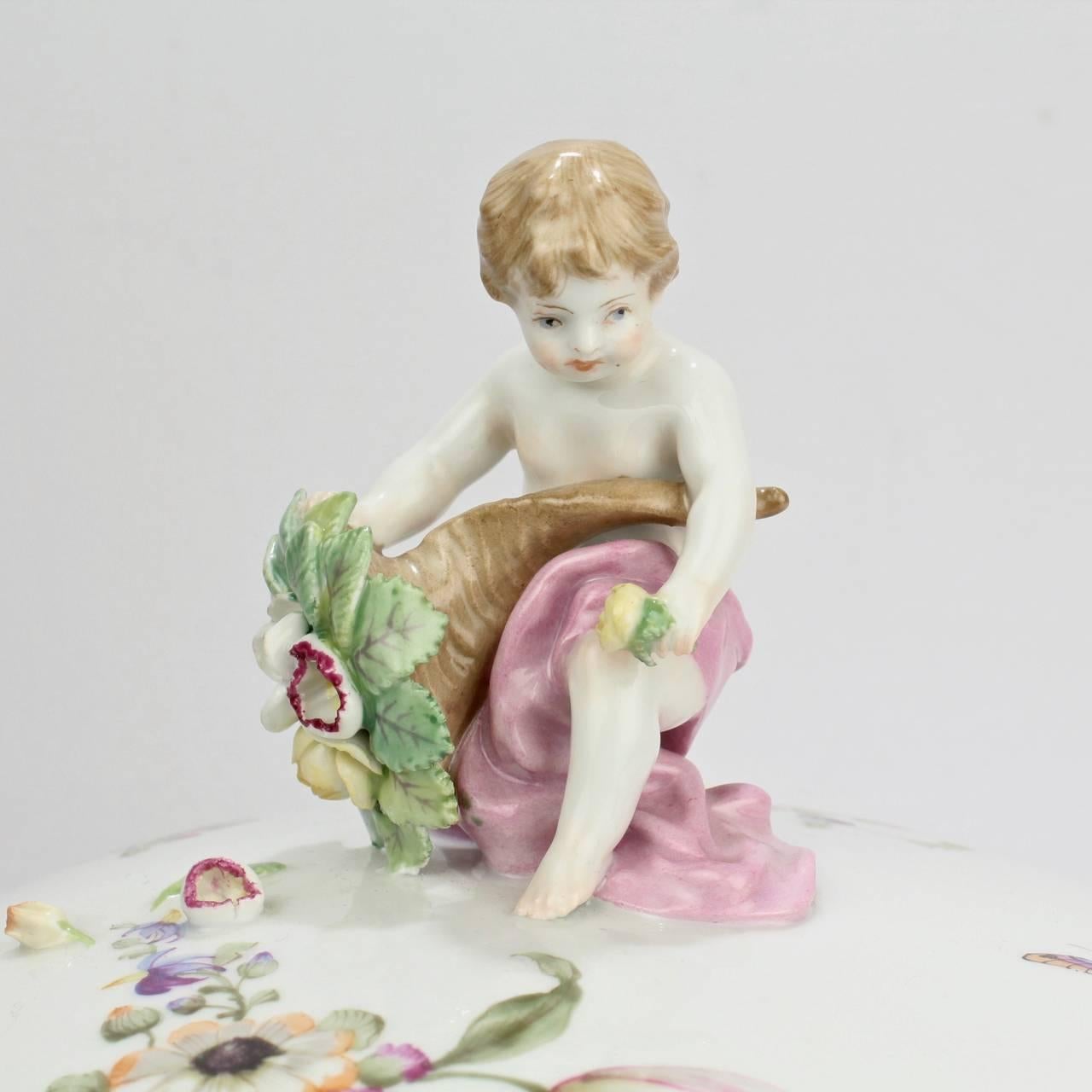 German Antique KPM Royal Berlin Porcelain Hand-Painted Tureen with Cornucopia & Cherub For Sale
