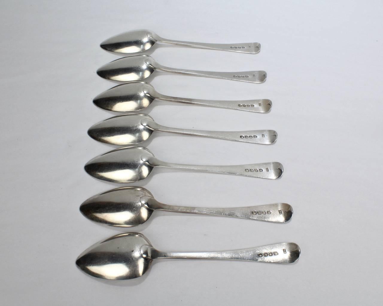 A fine set of eight crested George III English sterling silver spoons.

Each marked WE for William Ely I and 1806. 
  
The terminals have engraved family crests in the form of a falcon (or possibly seagulls). (A very interesting device