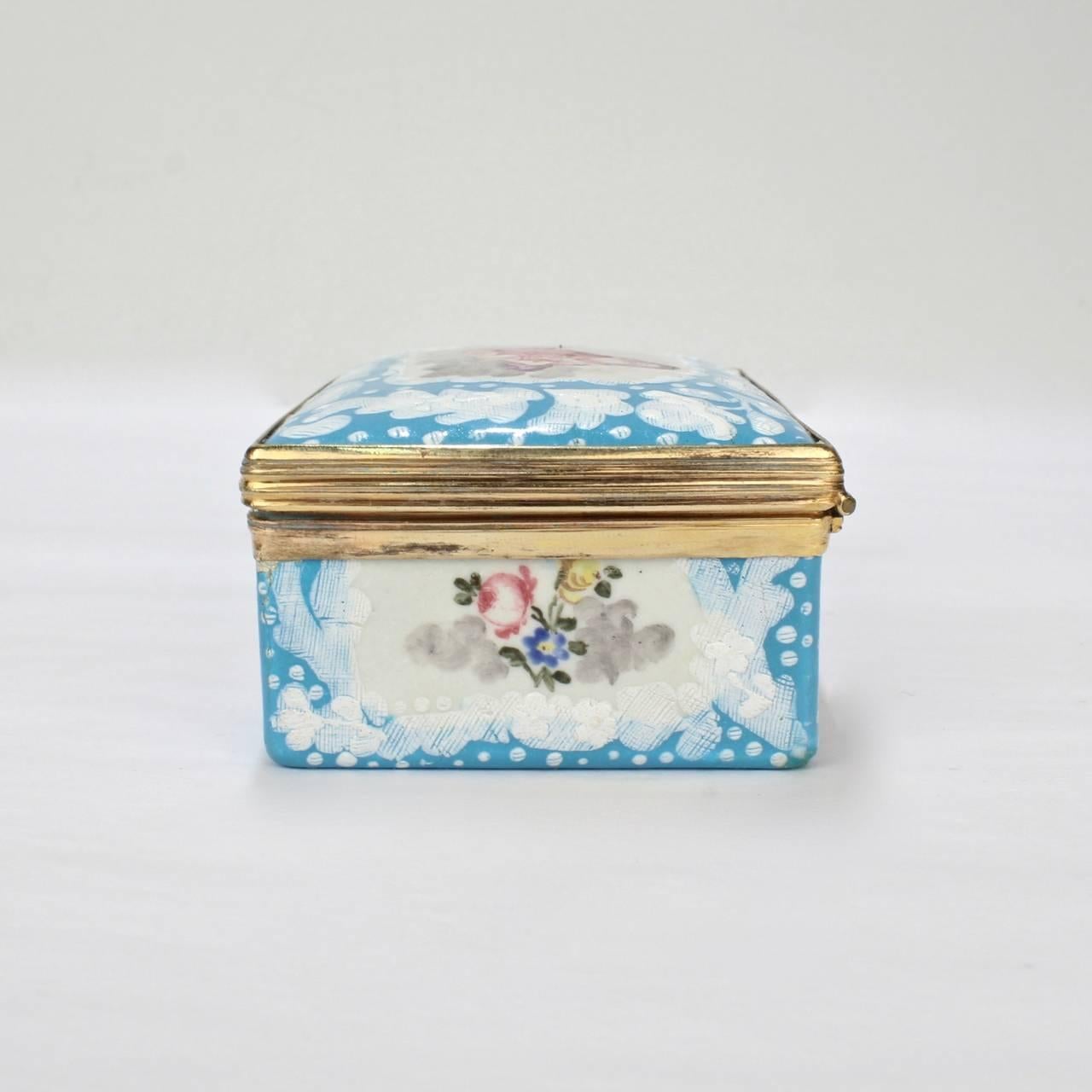 George III Antique English Battersea Bilston Table Snuff Box with Cherubs, Lady and a Dog