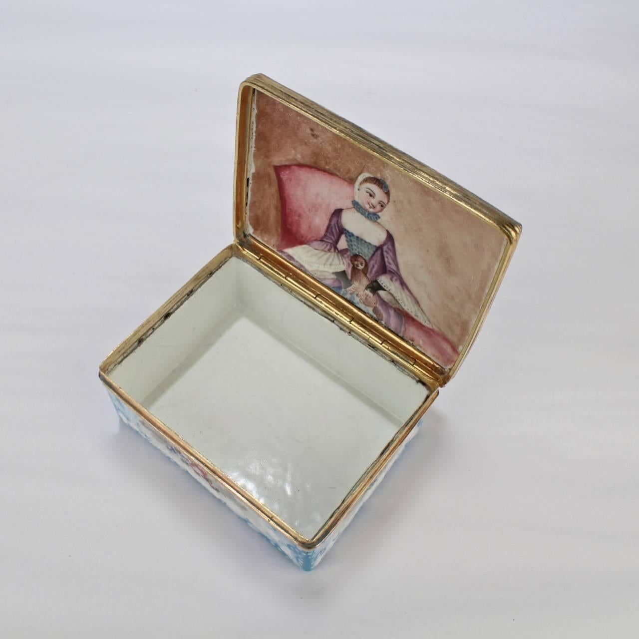 Antique English Battersea Bilston Table Snuff Box with Cherubs, Lady and a Dog 2
