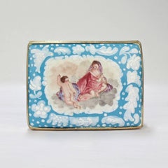 Antique English Battersea Bilston Table Snuff Box with Cherubs, Lady and a Dog
