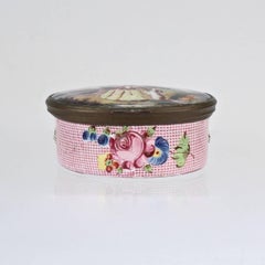 Antique English Battersea Bilston Snuff or Patch Box with a Lady and Begging Dog