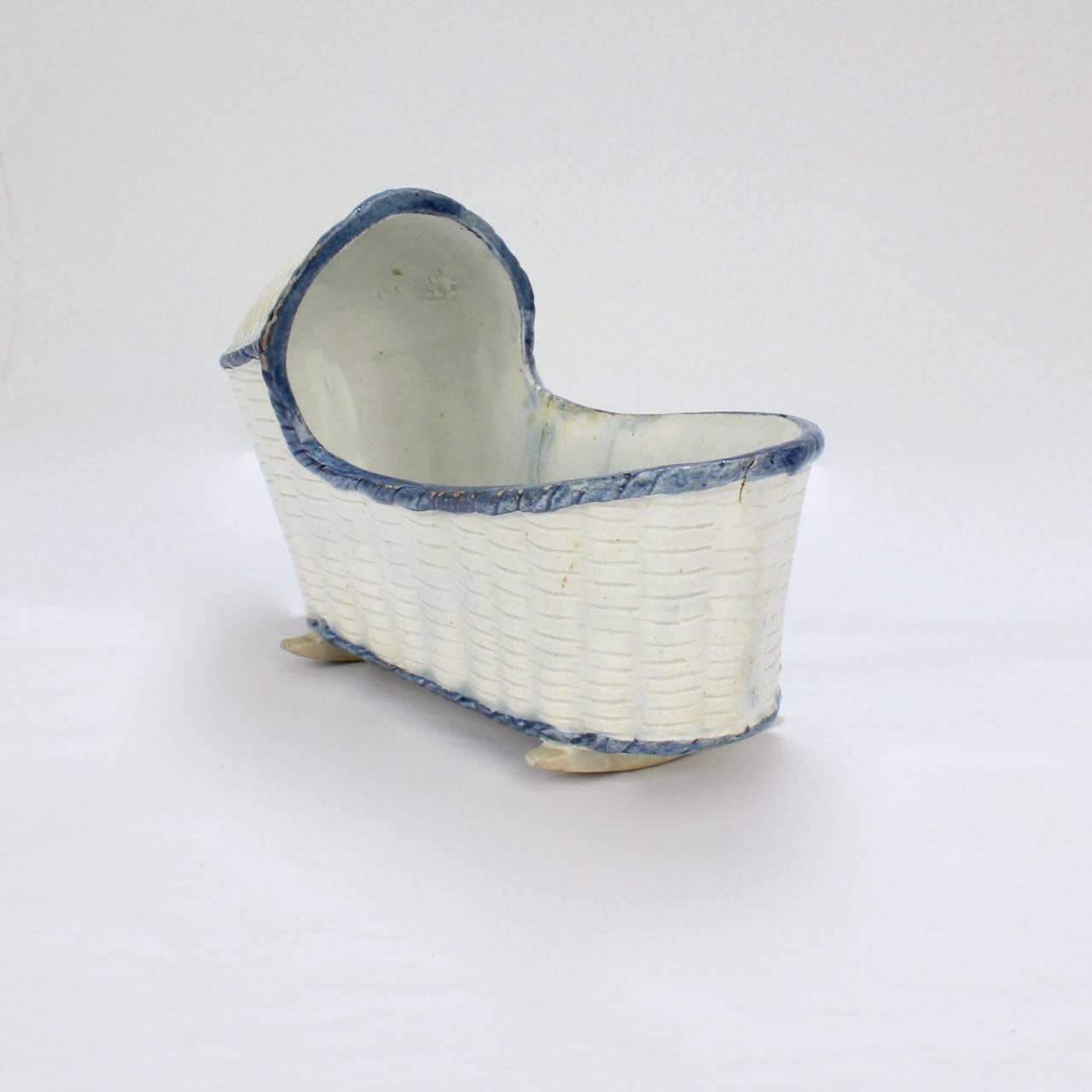 Pottery Large Antique English Blue & White Staffordshire or Pearlware Cradle Figurine For Sale