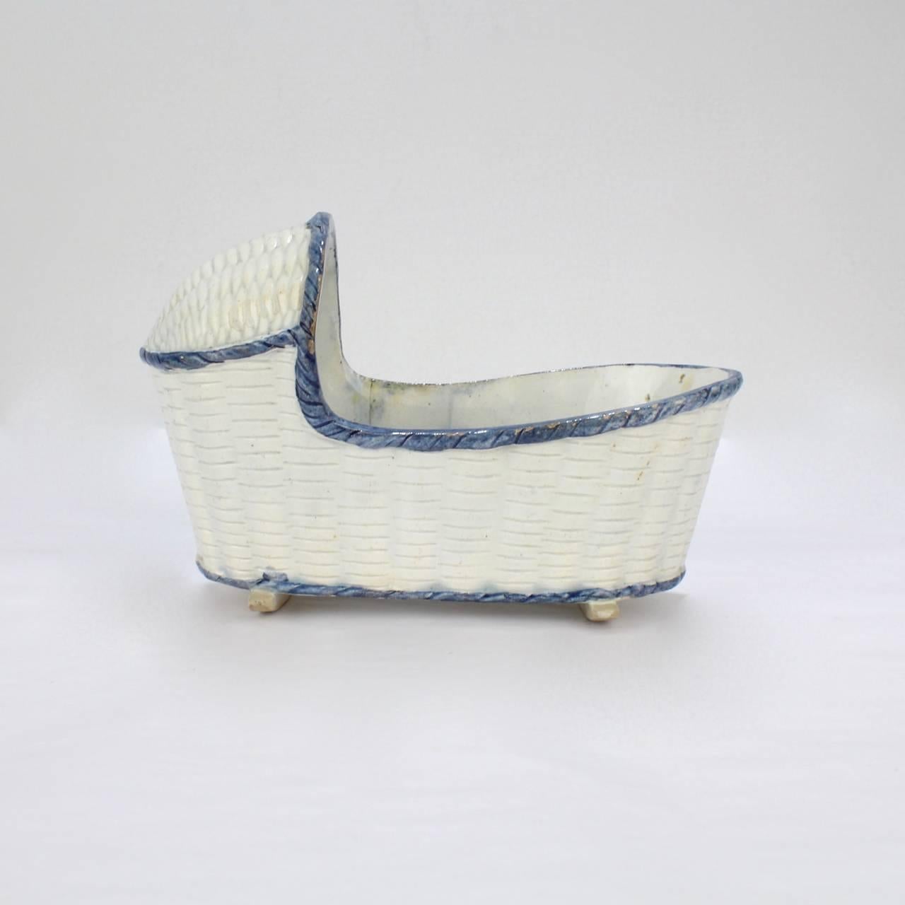 18th Century Large Antique English Blue & White Staffordshire or Pearlware Cradle Figurine For Sale