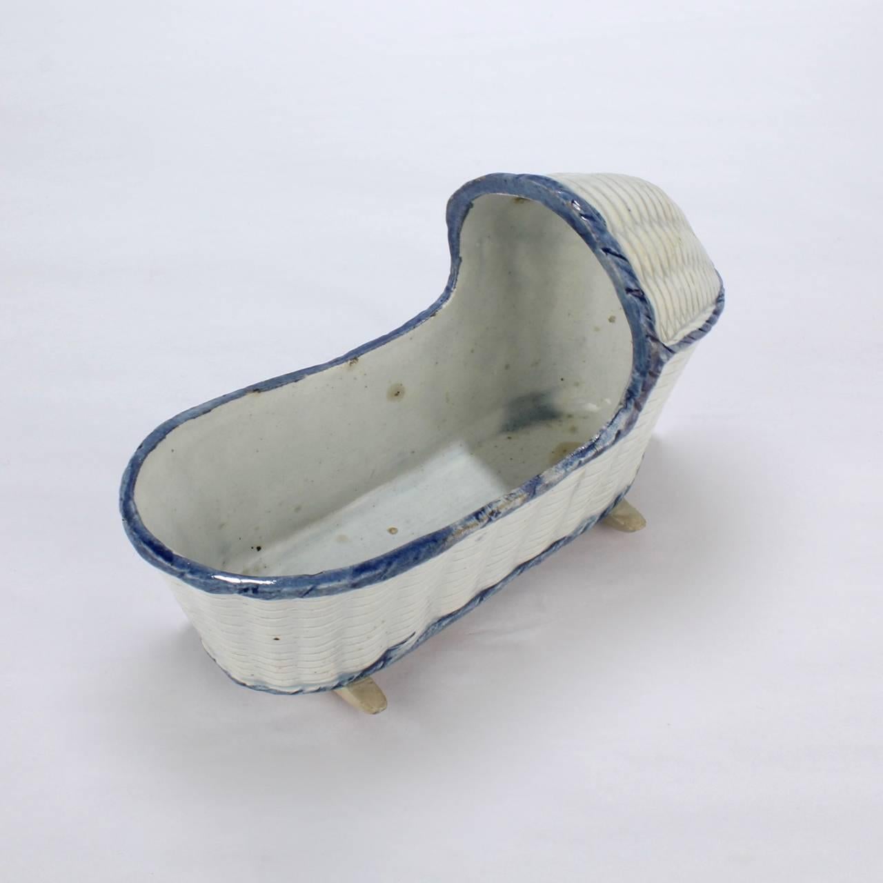 Large Antique English Blue & White Staffordshire or Pearlware Cradle Figurine For Sale 3