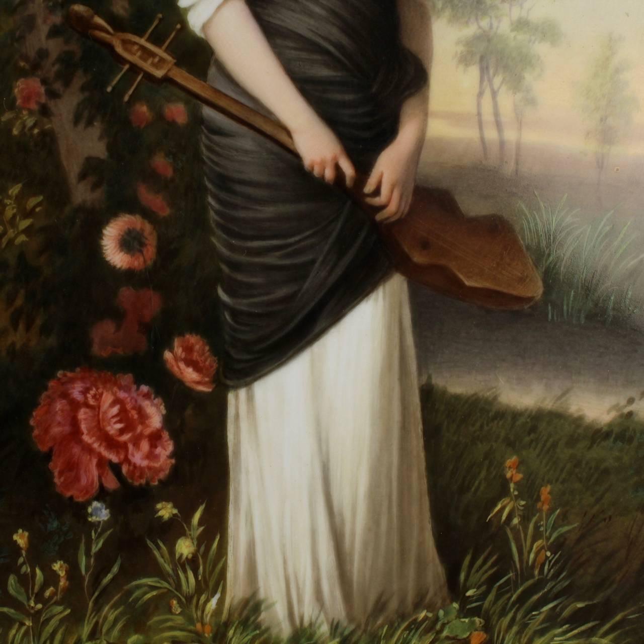 Lute Player, a Berlin Style German Porcelain Plaque of a Lady in Landscape In Good Condition In Philadelphia, PA