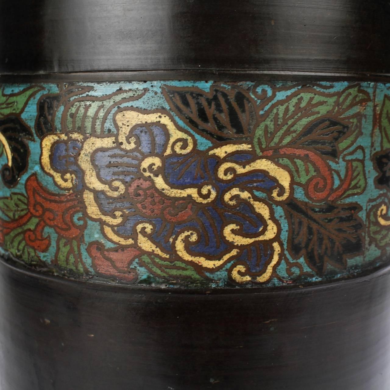 Meiji Large Antique Japanese Bronze Champlevé Enamel Umbrella Stand or Floor Vase