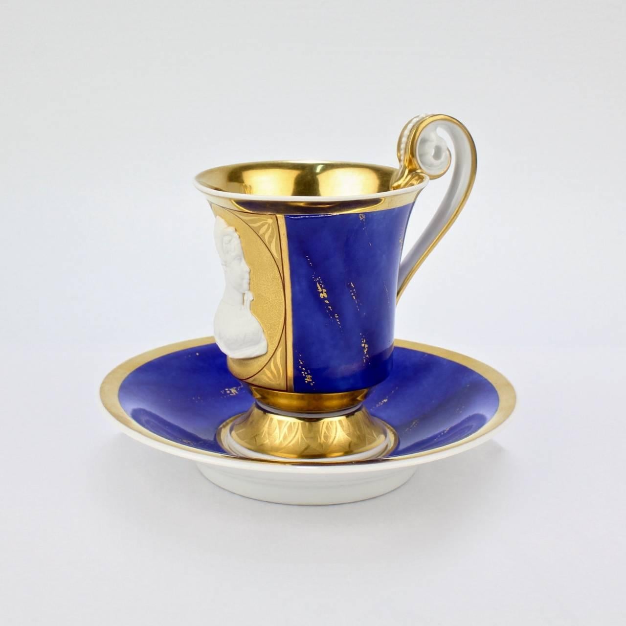 Antique KPM Royal Berlin Porcelain Lapis Blue Ground Cameo Portrait Cup & Saucer In Good Condition In Philadelphia, PA