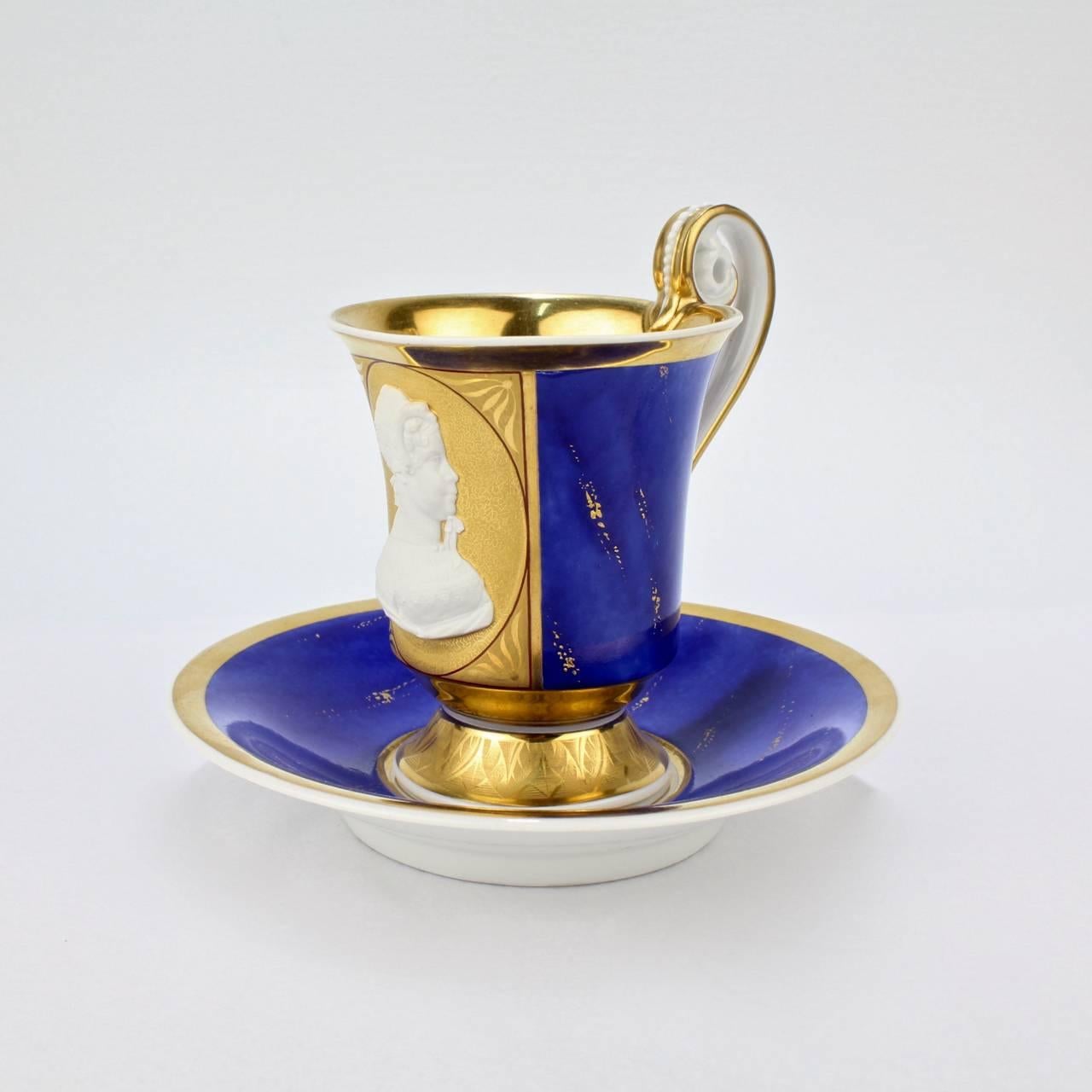 German Antique KPM Royal Berlin Porcelain Lapis Blue Ground Cameo Portrait Cup & Saucer