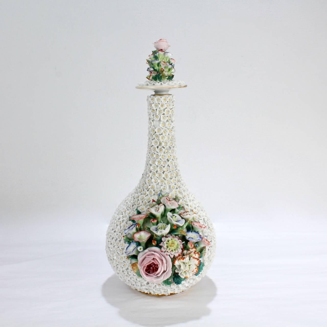 Rococo Antique Paris Porcelain Flower Encrusted or Schneeballen Bottle by Jacob Petit For Sale