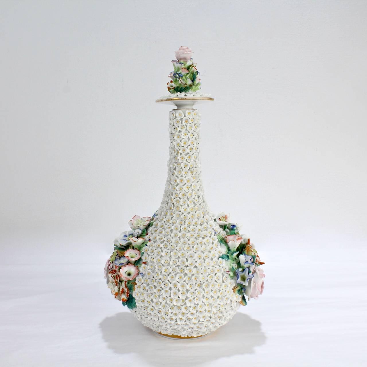 Antique Paris Porcelain Flower Encrusted or Schneeballen Bottle by Jacob Petit In Good Condition For Sale In Philadelphia, PA