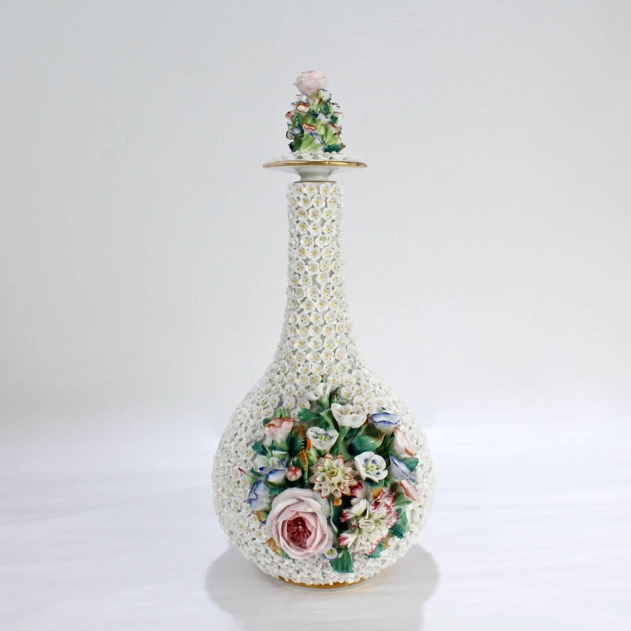 19th Century Antique Paris Porcelain Flower Encrusted or Schneeballen Bottle by Jacob Petit For Sale