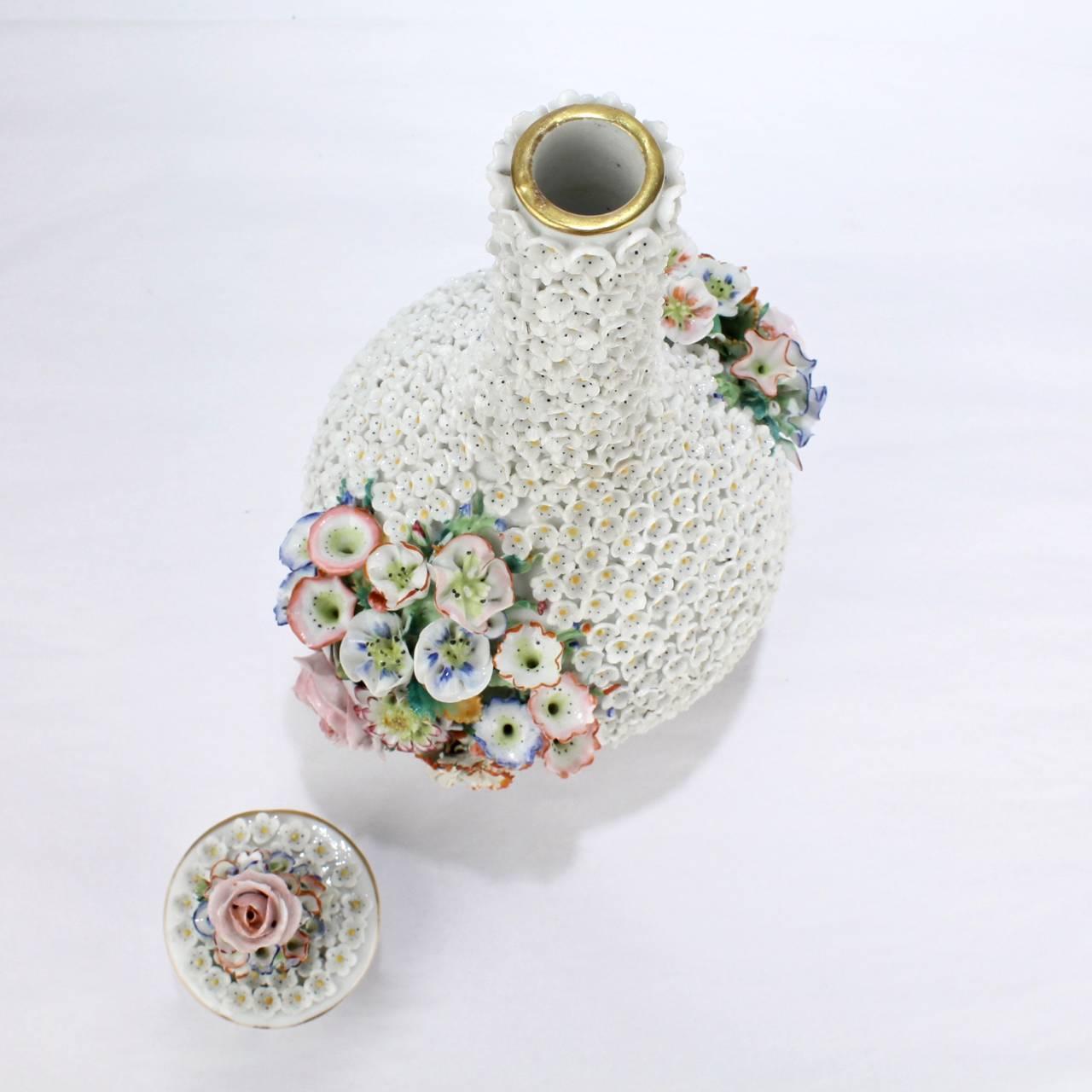 Antique Paris Porcelain Flower Encrusted or Schneeballen Bottle by Jacob Petit For Sale 1