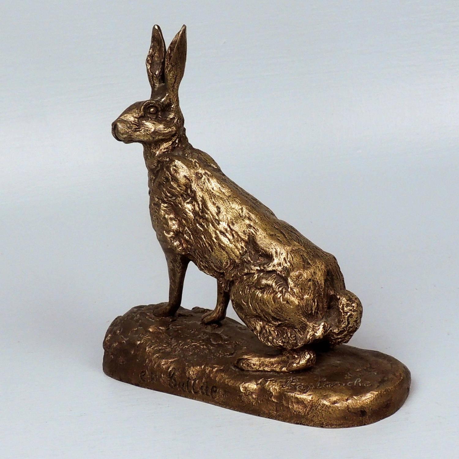 French Gilt Bronze Rabbit Sculpture, "En Battue," After PierreAlbert