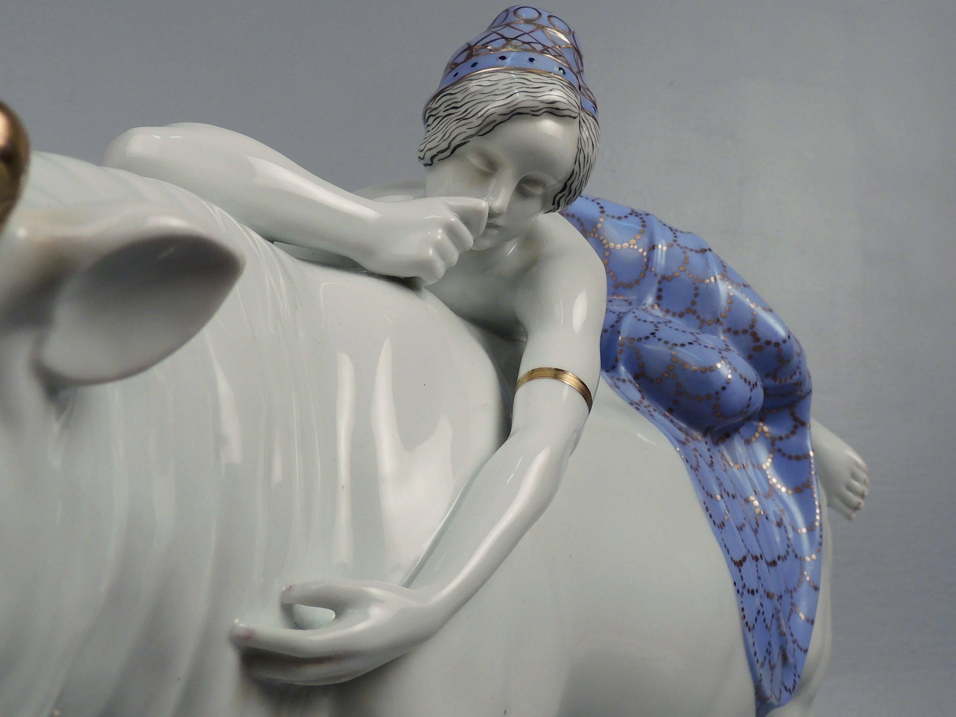 This Art Deco Fraureuth porcelain figurine depicting Europa and the bull was modeled by Carl Nacke in 1919. Nacke's version of the Europa myth clearly falls squarely in the camp of Seduction. This particular figure was cast in the early