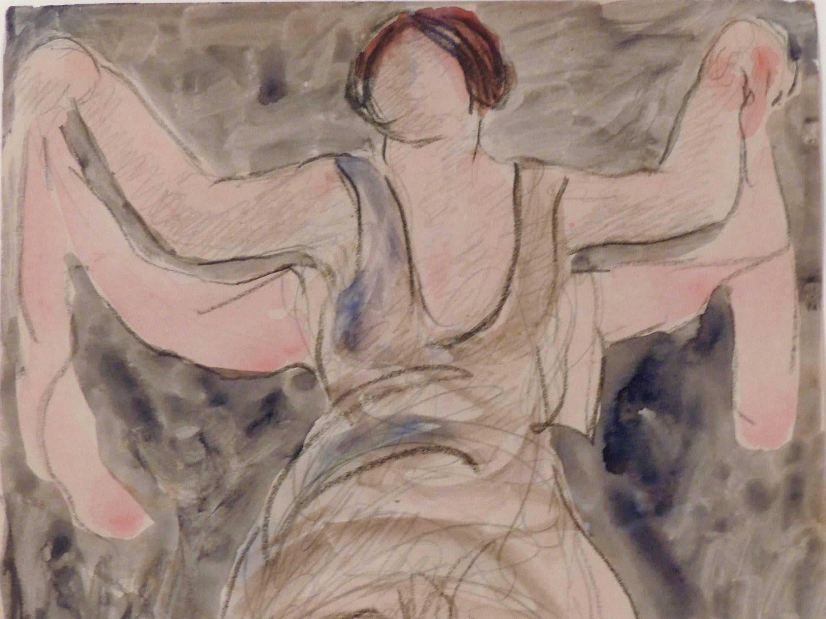 Abraham Walkowitz (1878-1965) had an intimate artistic relationship with the Modernist Dancer Isadora Duncan. He drew her in dance literally thousands of times. This image is a free flowing sketch of her in a brown dress on a blue ground with one of