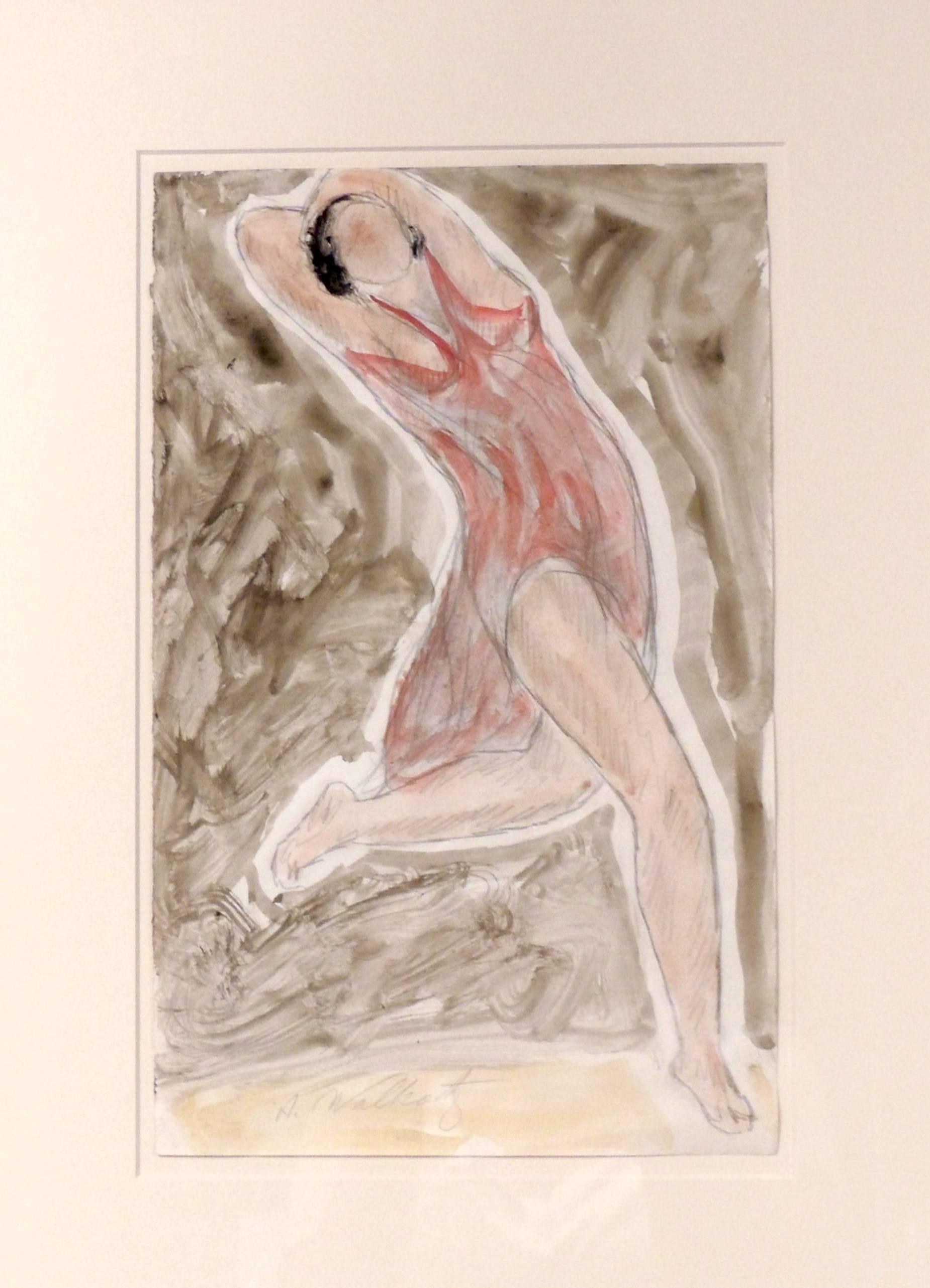 Abraham Walkowitz (1878-1965) had an intimate artistic relationship with the Modernist Dancer Isadora Duncan. He drew her in dance literally thousands of times. This drawing is a free flowing sketch of her in a red dress and is colored with