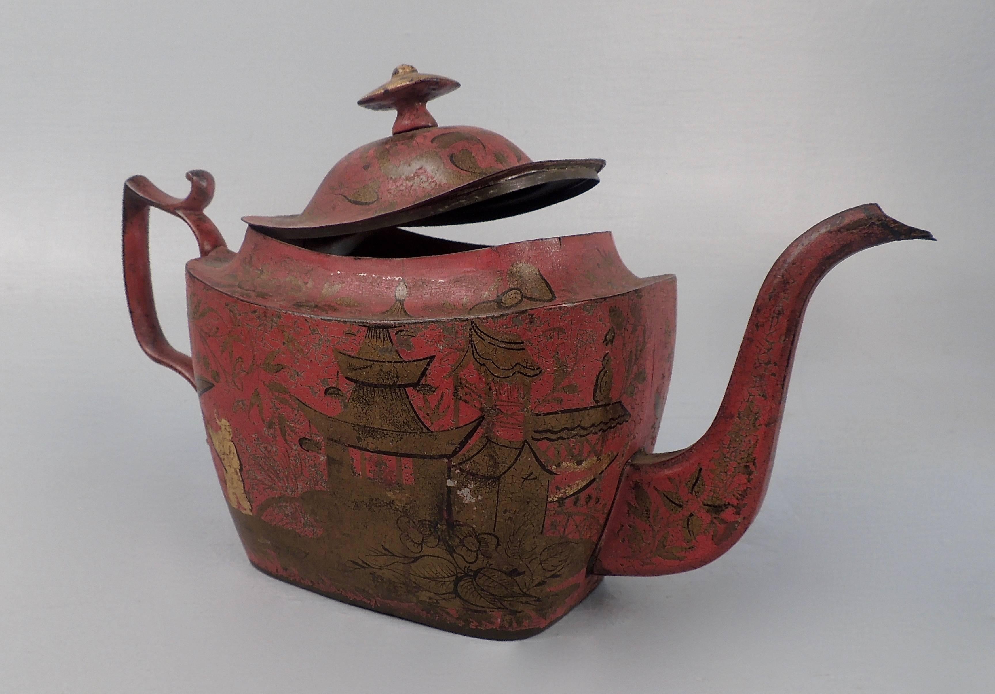 Painted Antique Georgian Red Tole Peinte or Toleware Teapot with Chinoiserie Decoration For Sale