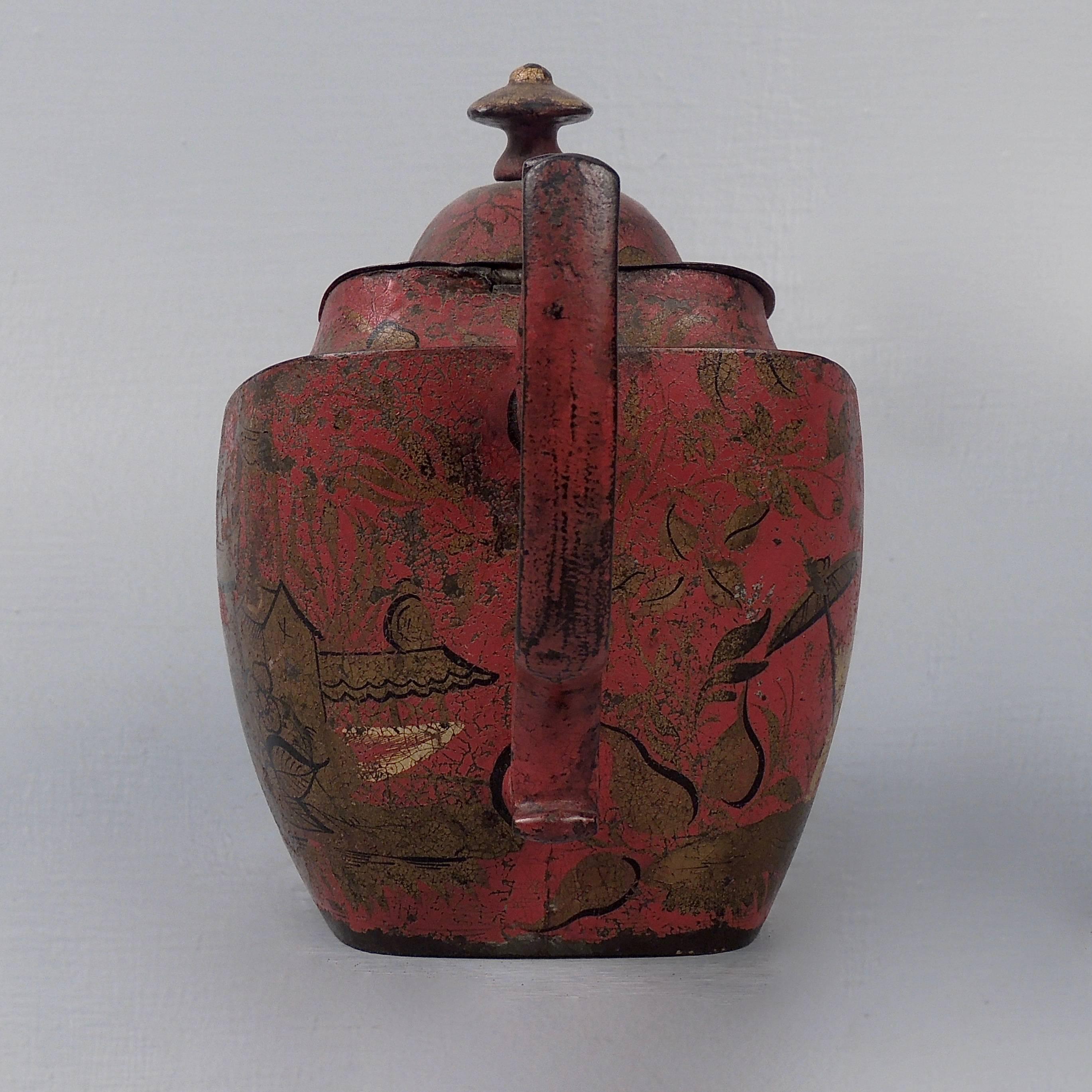 George III Antique Georgian Red Tole Peinte or Toleware Teapot with Chinoiserie Decoration For Sale