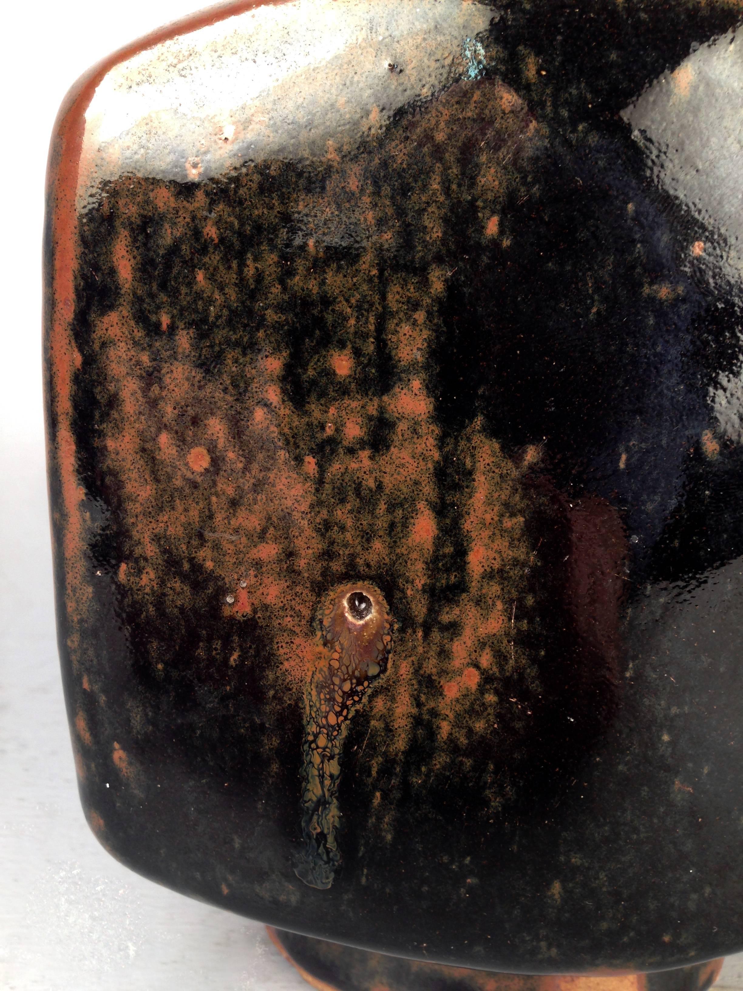 English Tenmoku Stoneware Square Bottle Vase, St. Ives Pottery, by Bernard Leach