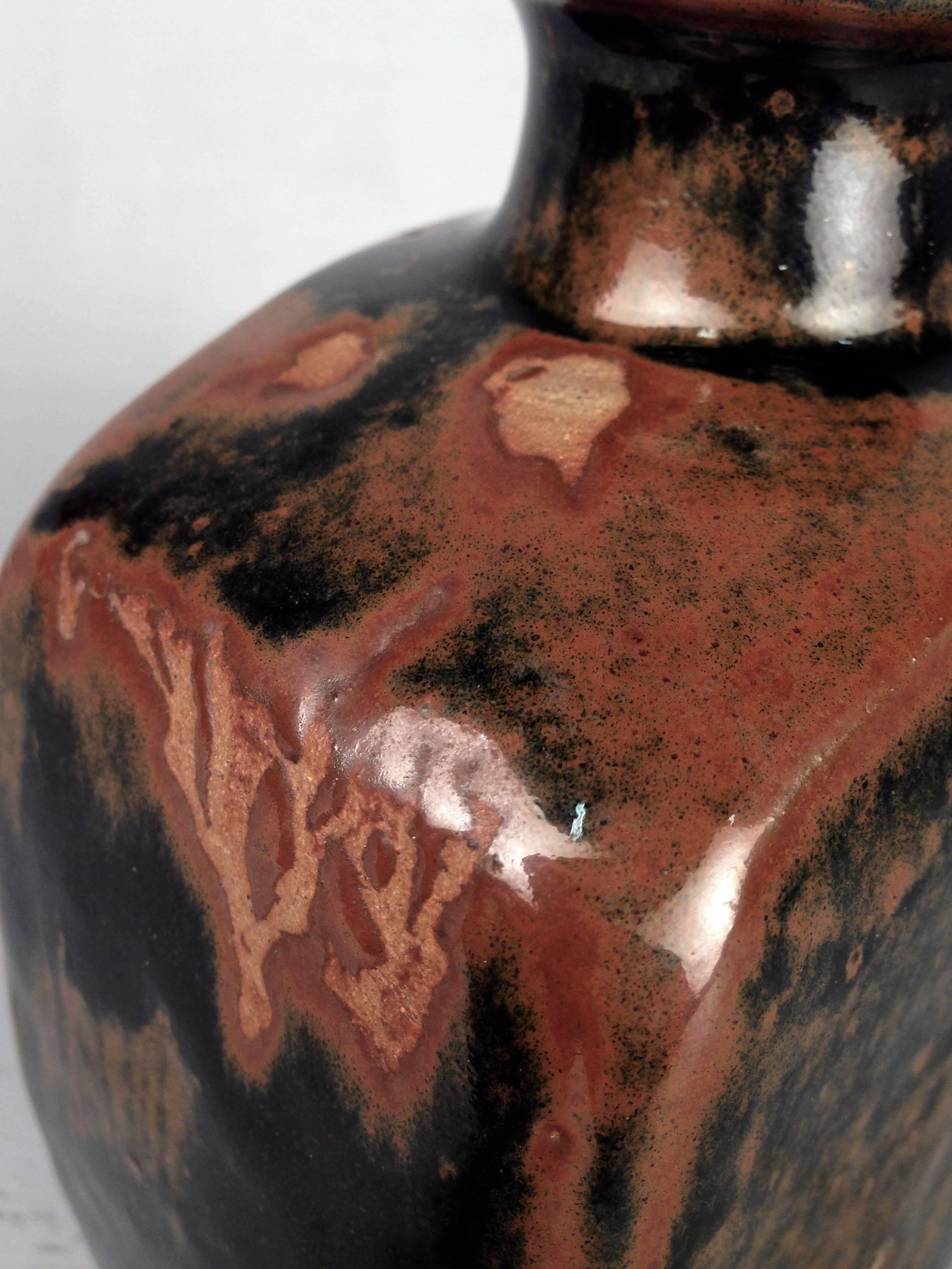 Fired Tenmoku Stoneware Square Bottle Vase, St. Ives Pottery, by Bernard Leach
