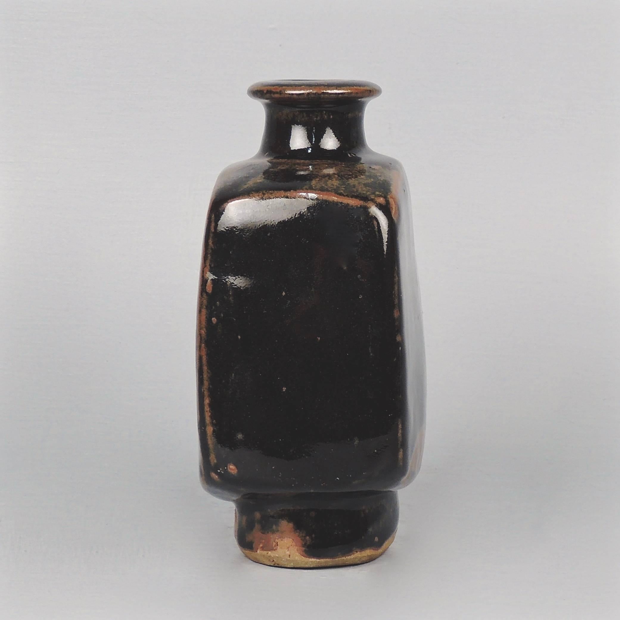 Mid-Century Modern Tenmoku Stoneware Square Bottle Vase, St. Ives Pottery, by Bernard Leach