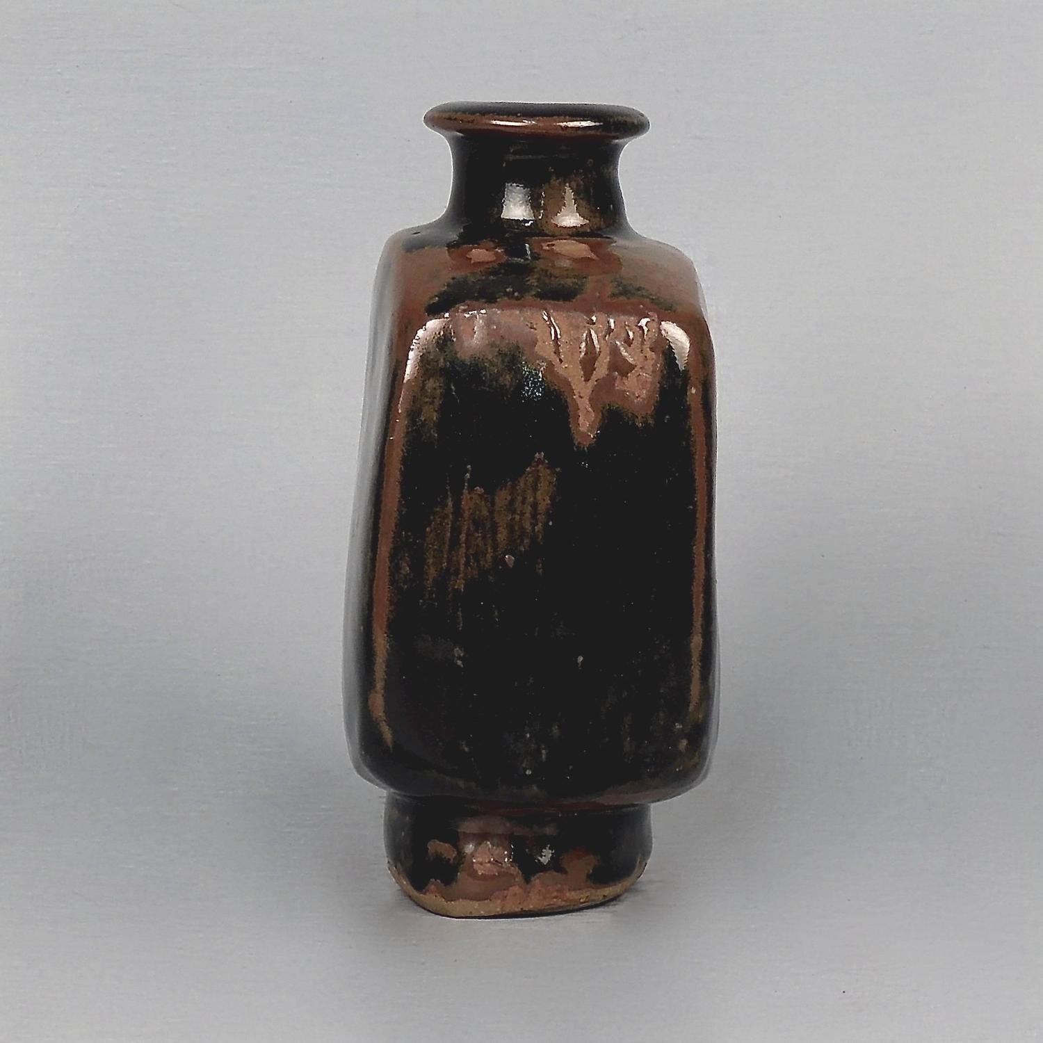Tenmoku Stoneware Square Bottle Vase, St. Ives Pottery, by Bernard