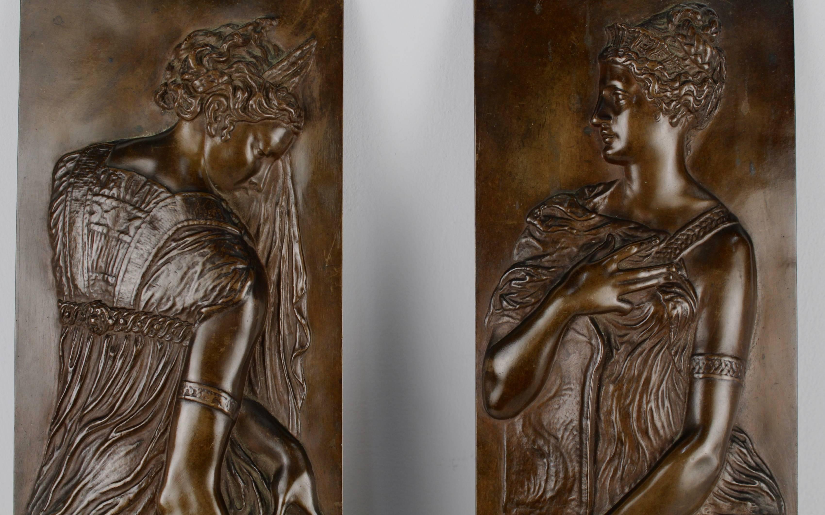 Neoclassical Revival 19th Century Barbedienne Bronze Bas-Relief Plaques of Maidens, Pair after Goujon