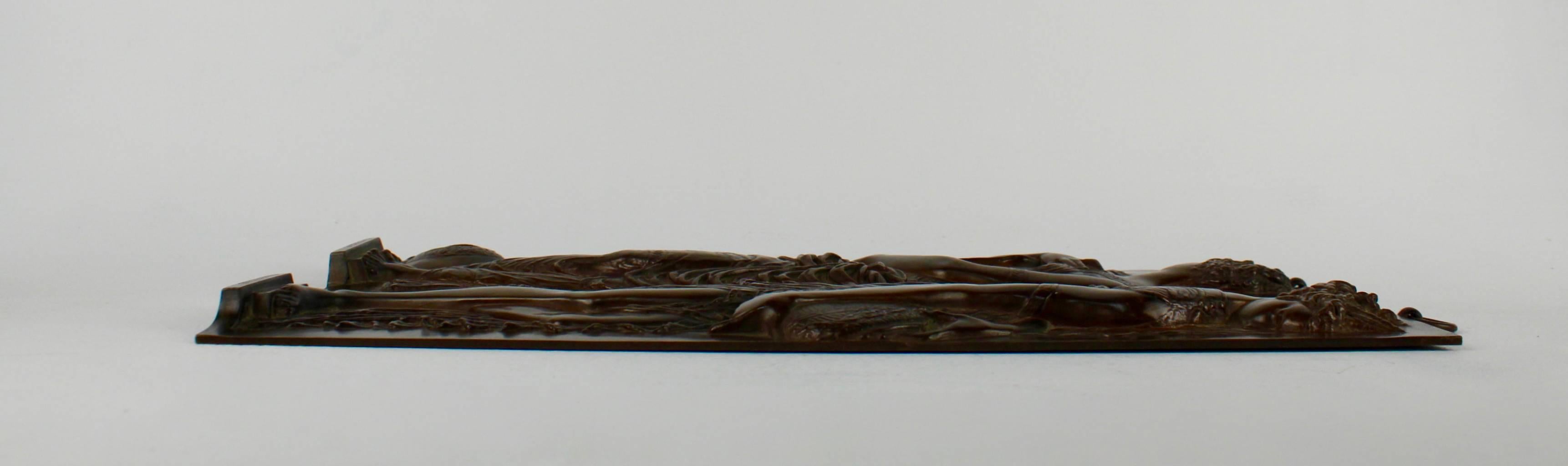 A pair of bronze bas-relief plaques by cast F. Barbedienne in the late 19th century. 

Each plaque depicts a finely modeled, classically-draped maiden or nymph after the 