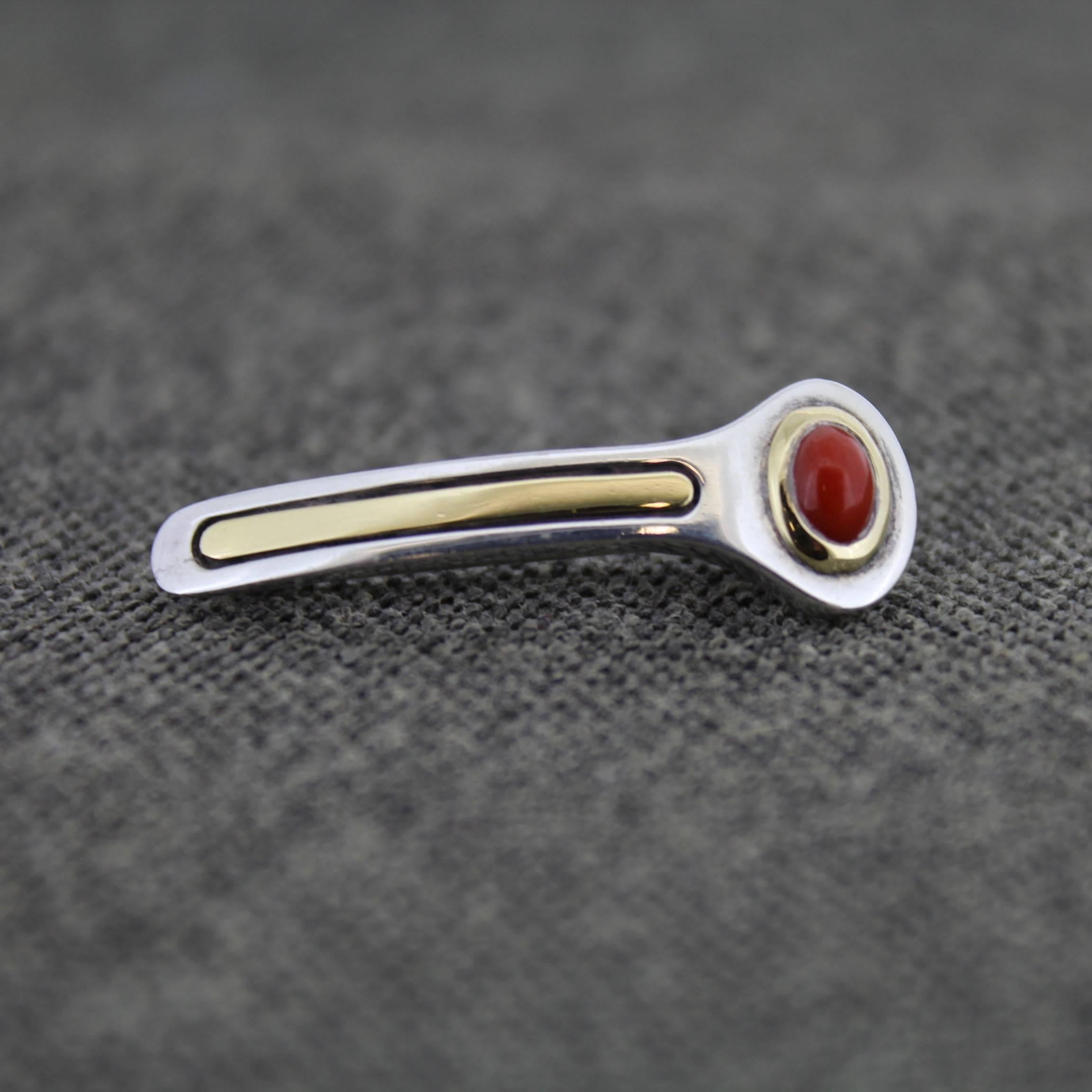 Vintage Cartier Sterling Silver, 18-Karat Gold and Red Coral Lapel Pin or Brooch In Good Condition In Philadelphia, PA