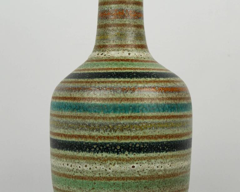 Large Mid Century Modern Thickly Glazed Bottle Form Striped Italian Large Mid Century Modern Thickly Glazed Bottle Form Striped Italian Ceramic Vase In Good