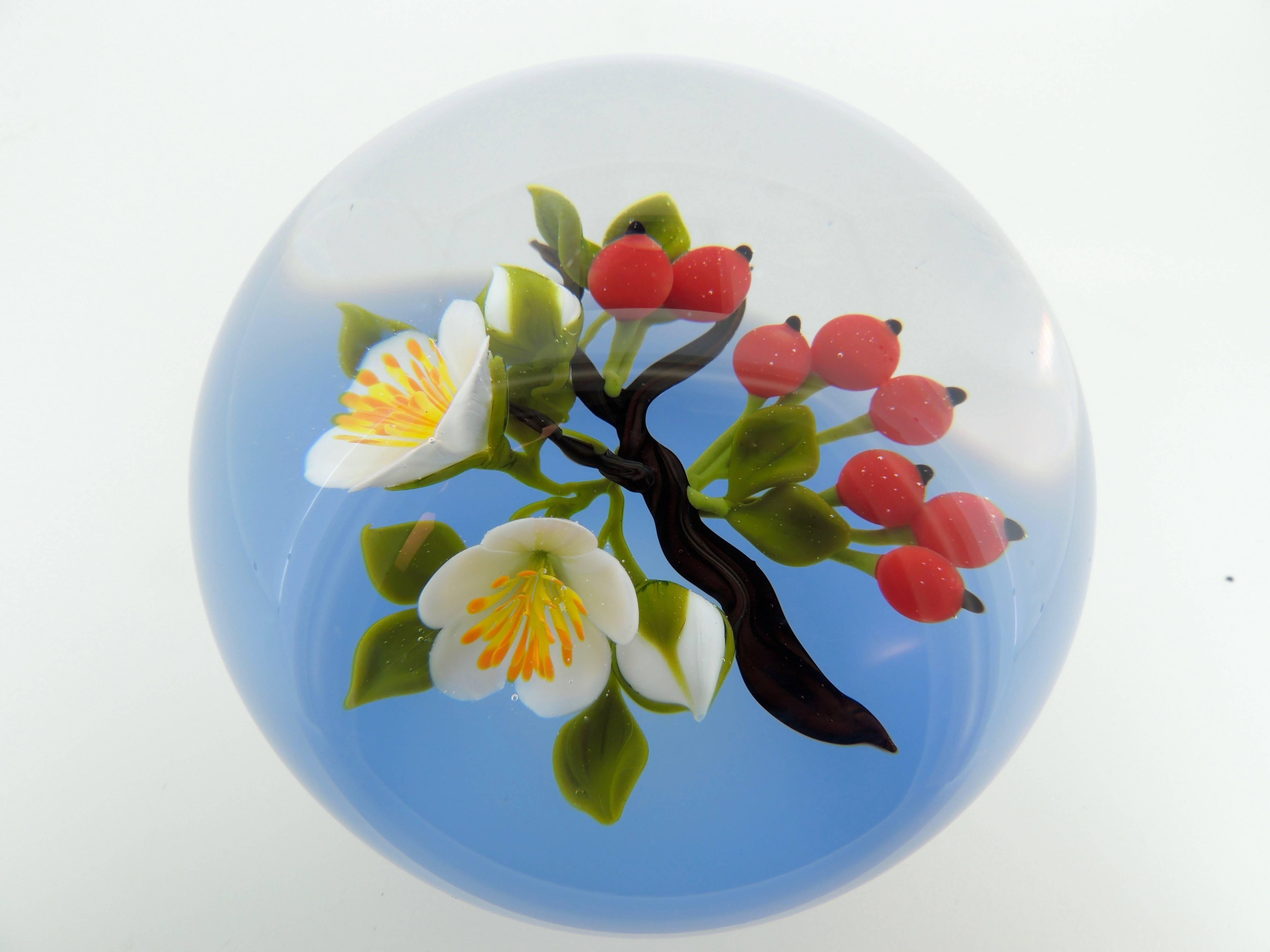 Art Glass Large Victor Trabucco Red Berries and Flower Blossoms Glass Paperweight