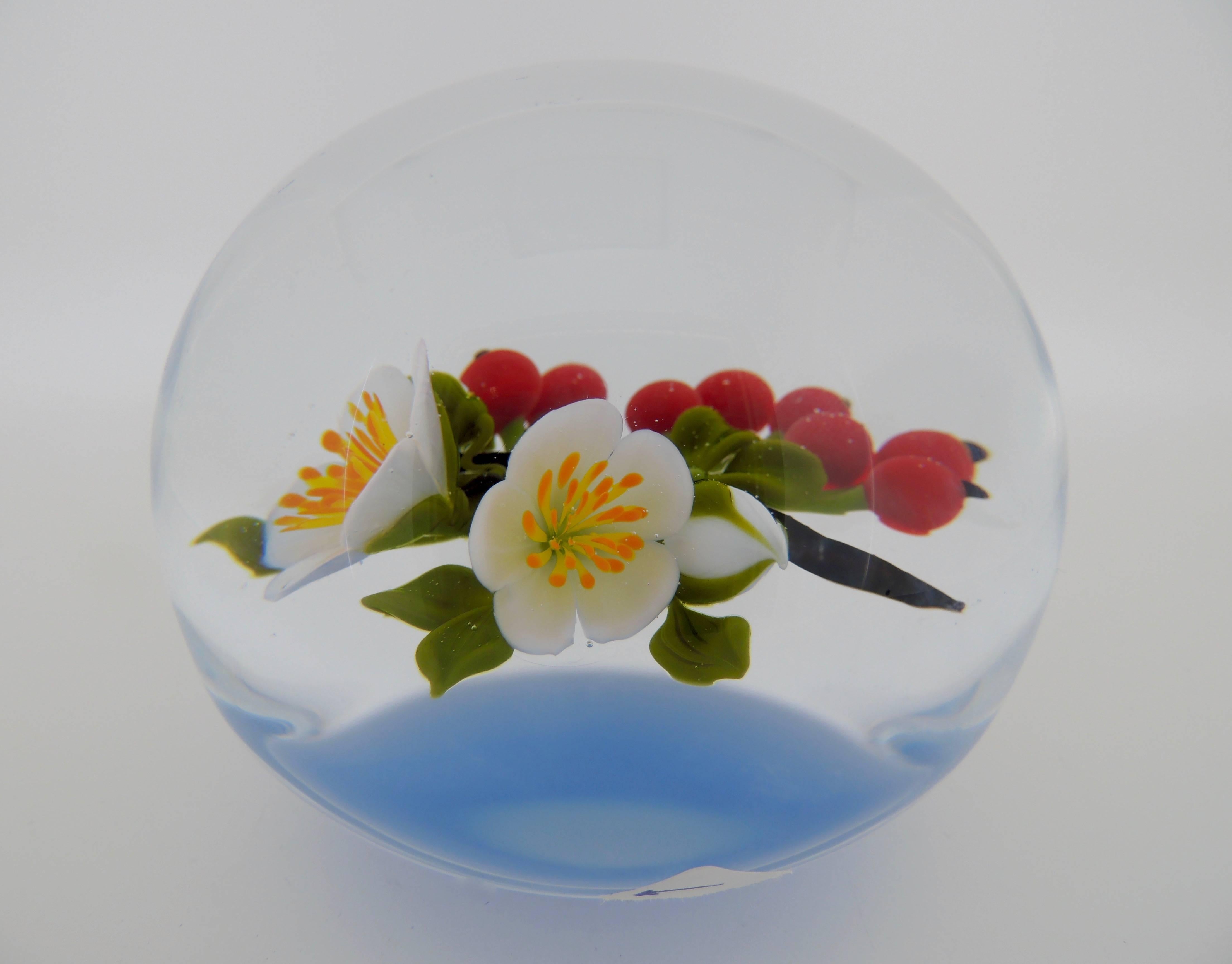 American Large Victor Trabucco Red Berries and Flower Blossoms Glass Paperweight