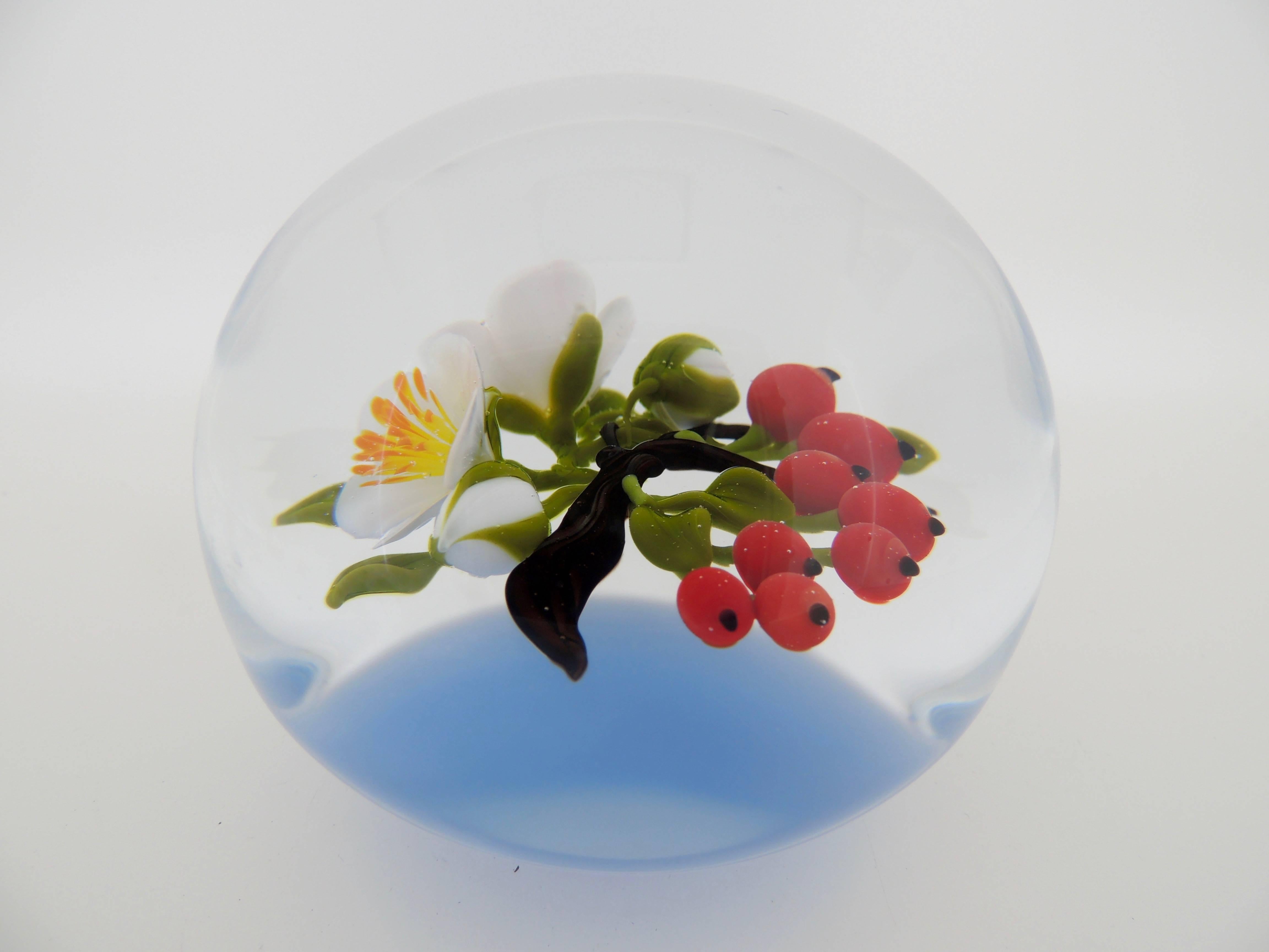 Large Victor Trabucco Red Berries and Flower Blossoms Glass Paperweight In Good Condition In Philadelphia, PA