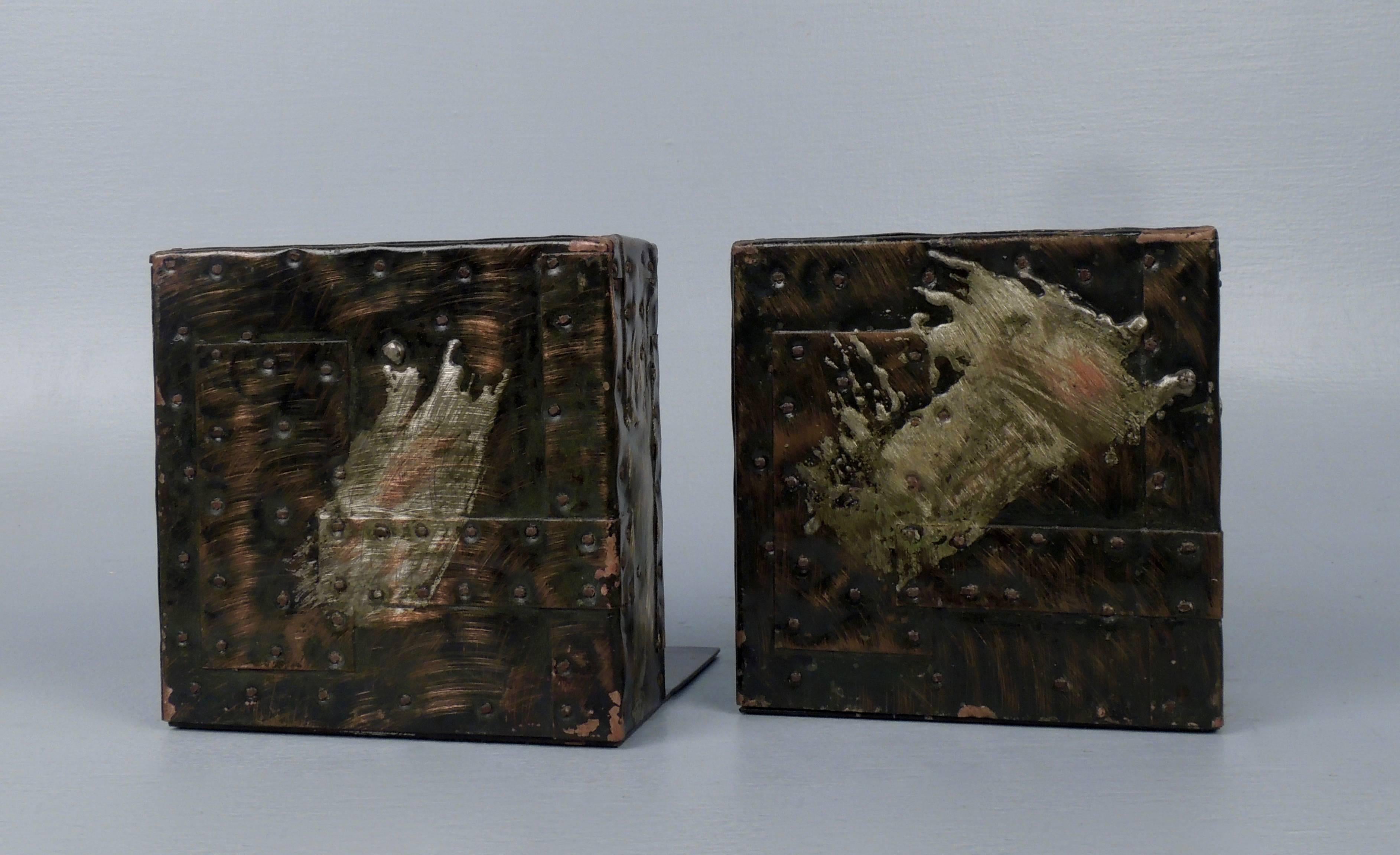 Pair of Paul Evans Brutalist Patchwork Copper, Pewter and Brass Bookends 3