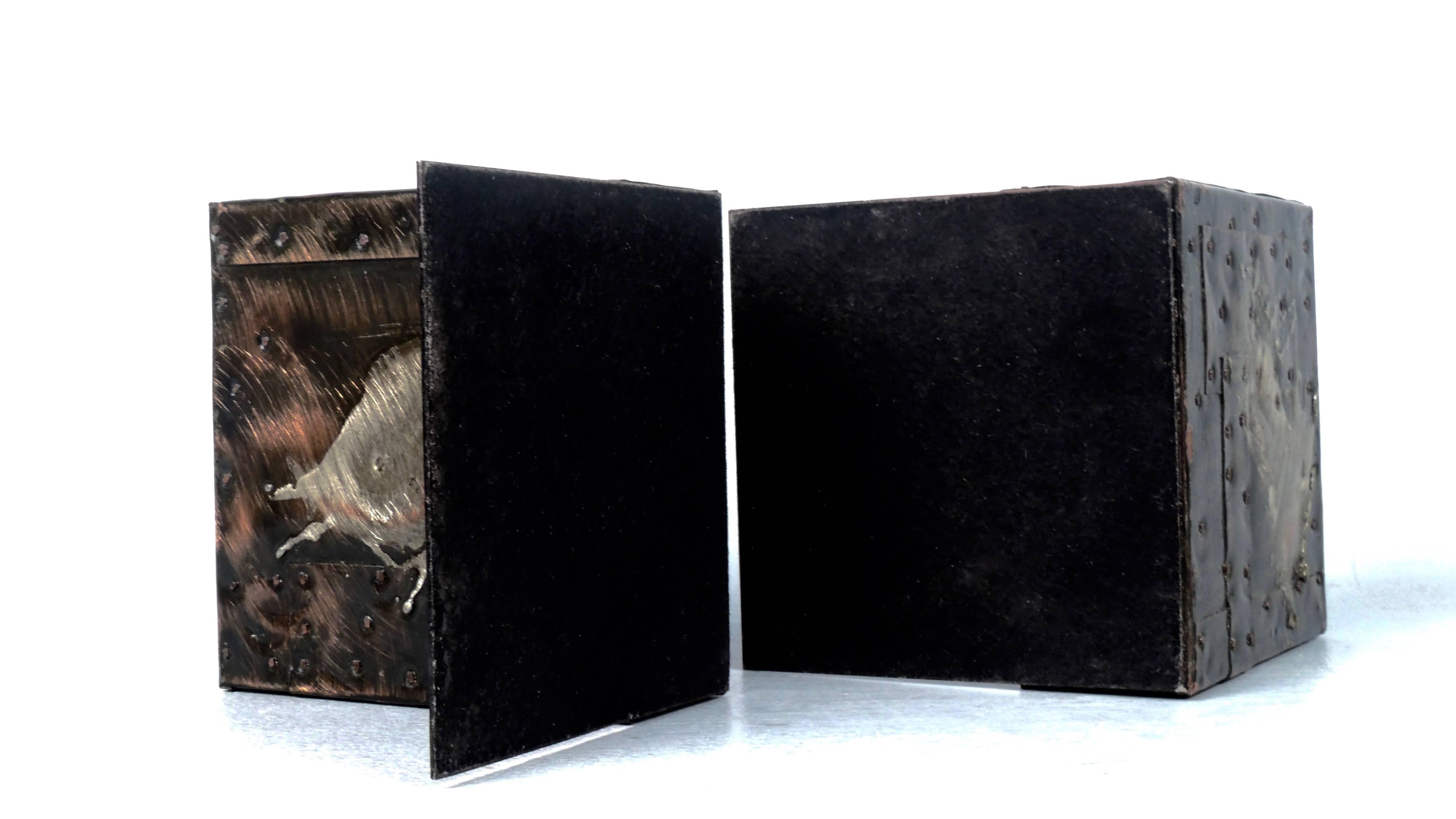 Pair of Paul Evans Brutalist Patchwork Copper, Pewter and Brass Bookends 2