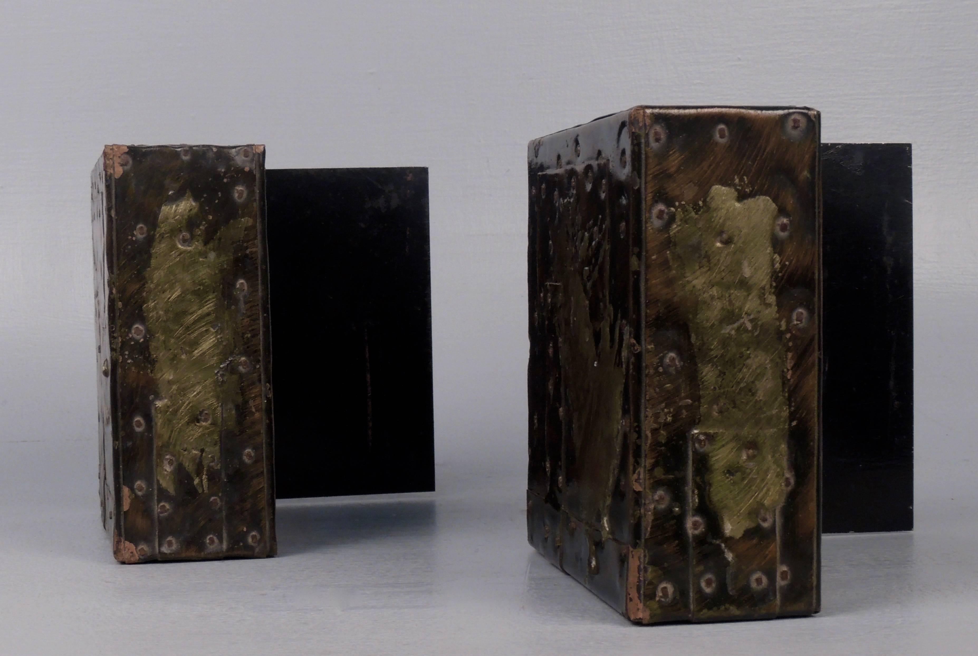 Pair of Paul Evans Brutalist Patchwork Copper, Pewter and Brass Bookends 1