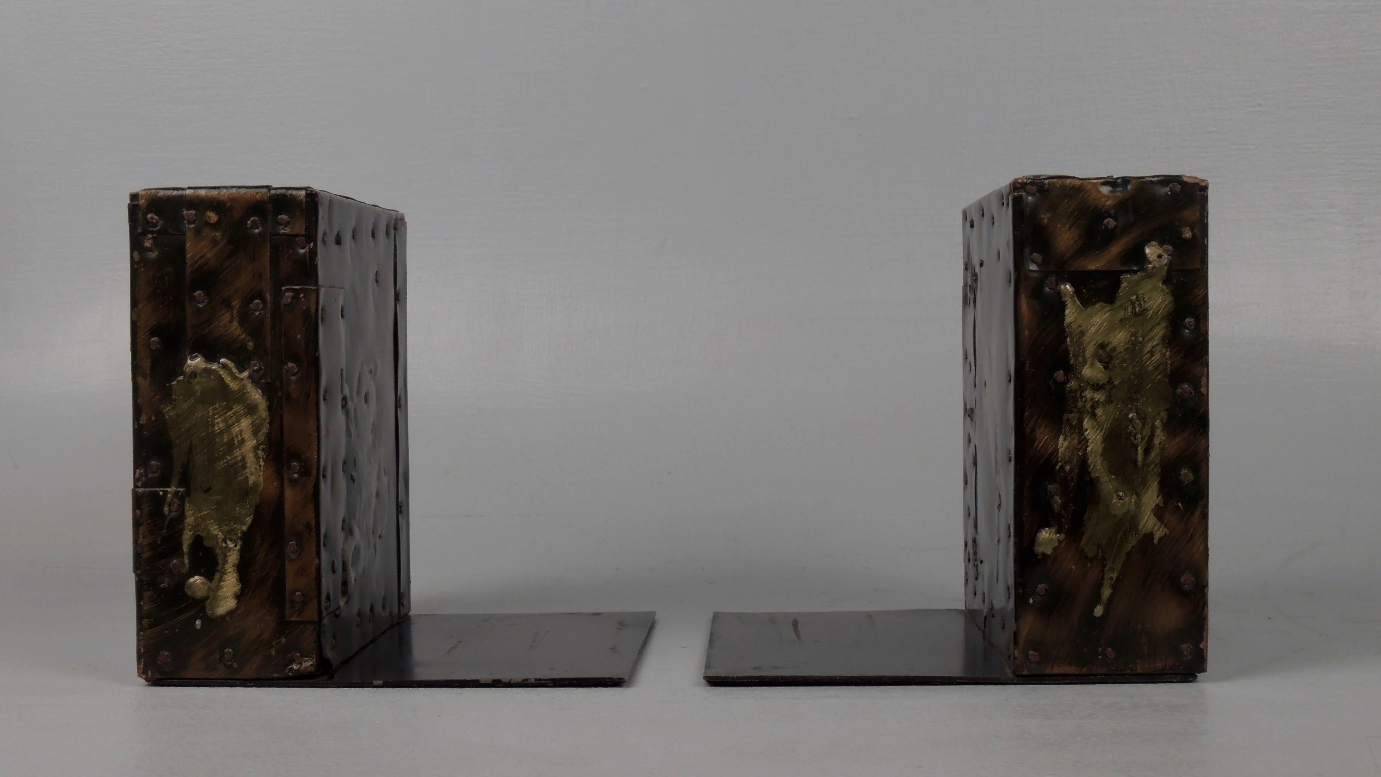 American Pair of Paul Evans Brutalist Patchwork Copper, Pewter and Brass Bookends