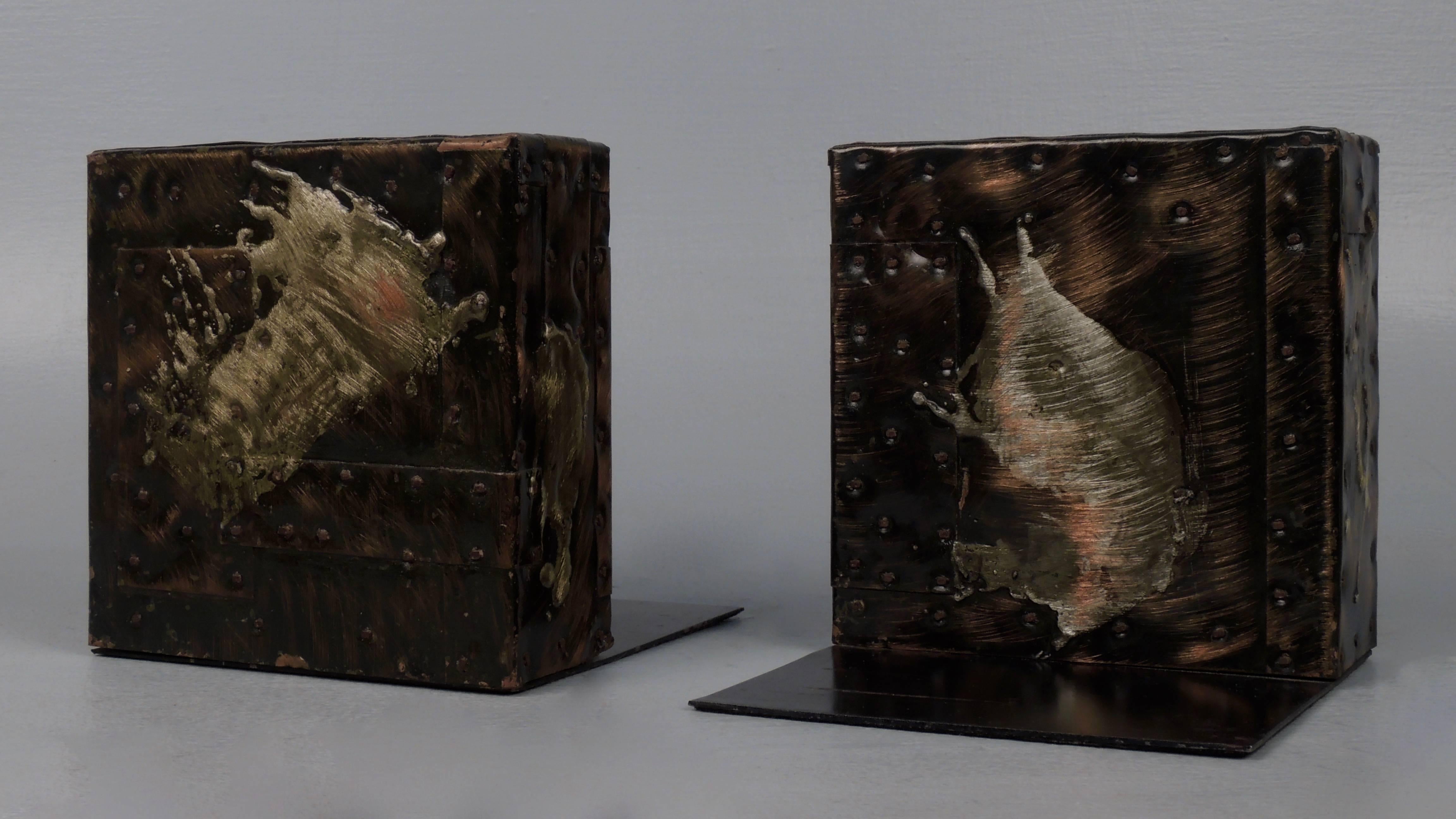 Metal Pair of Paul Evans Brutalist Patchwork Copper, Pewter and Brass Bookends