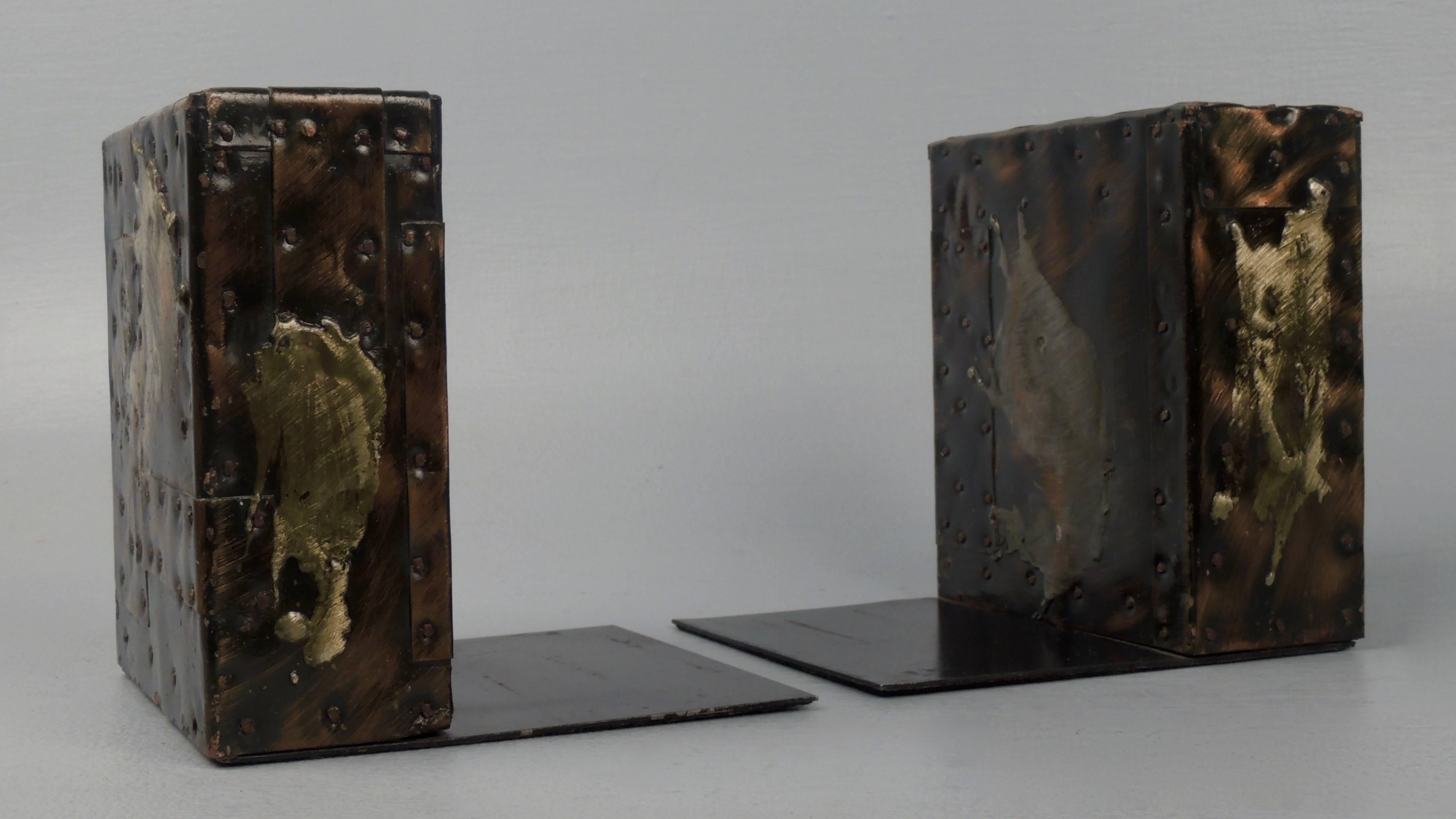 Mid-Century Modern Pair of Paul Evans Brutalist Patchwork Copper, Pewter and Brass Bookends